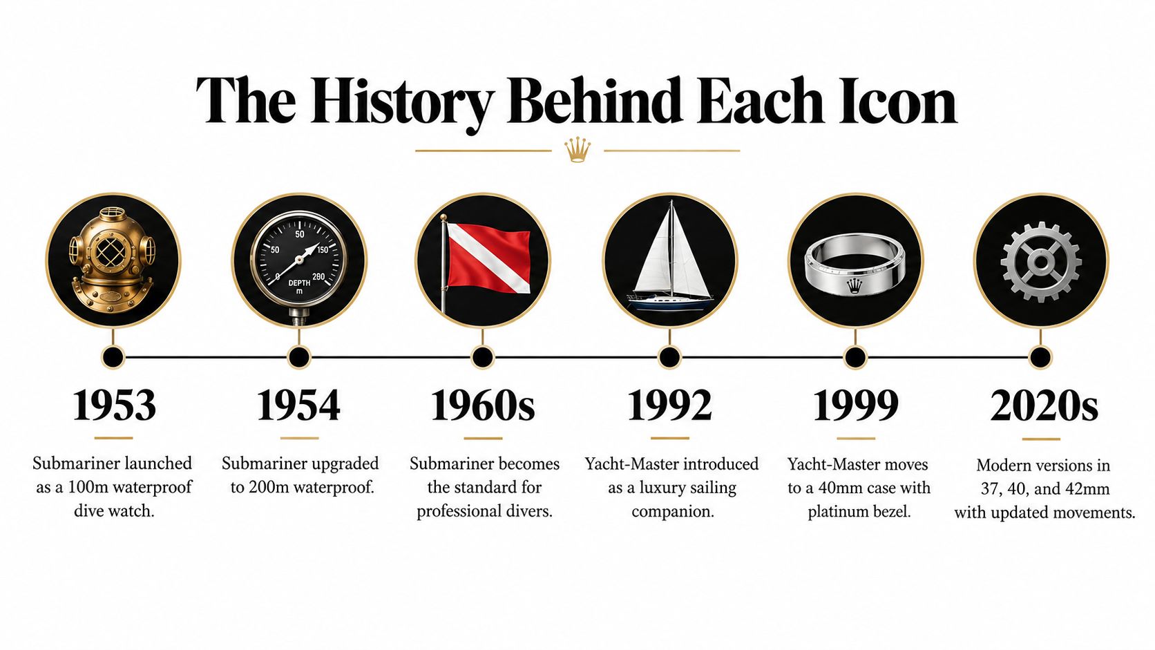 A timeline graphic showing the historical milestones of the Rolex Submariner and Yacht-Master watch models.