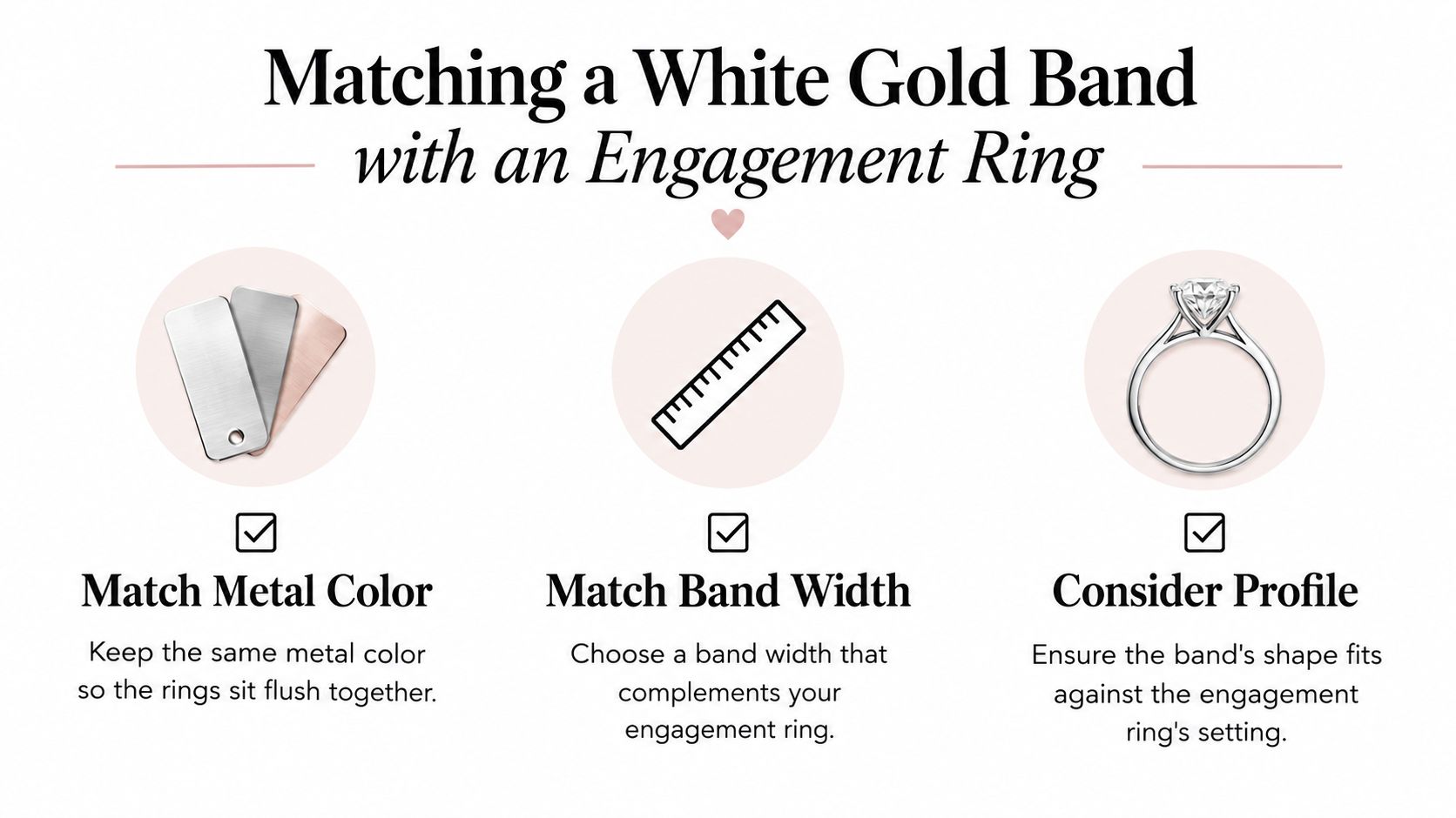 An infographic illustrating three tips for choosing a wedding band that matches a white gold engagement ring.