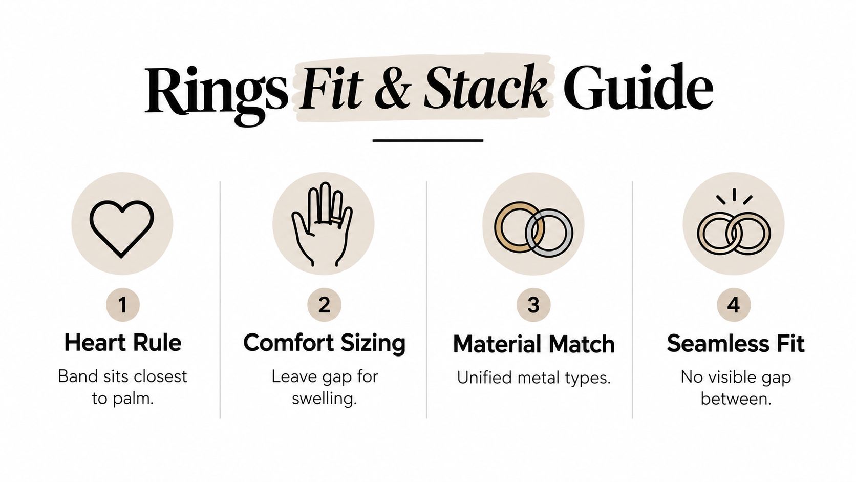 Infographic titled Rings Fit and Stack Guide showing four rules for stacking an engagement ring and wedding band