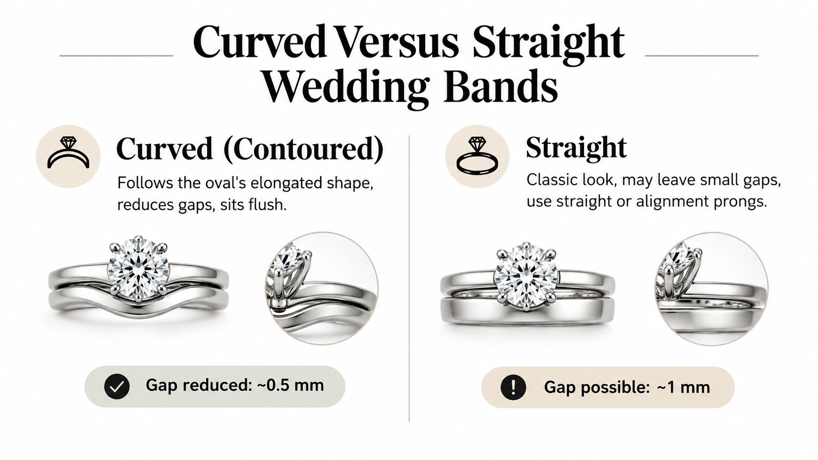 A comparison guide between curved and straight wedding bands paired with an oval engagement ring.