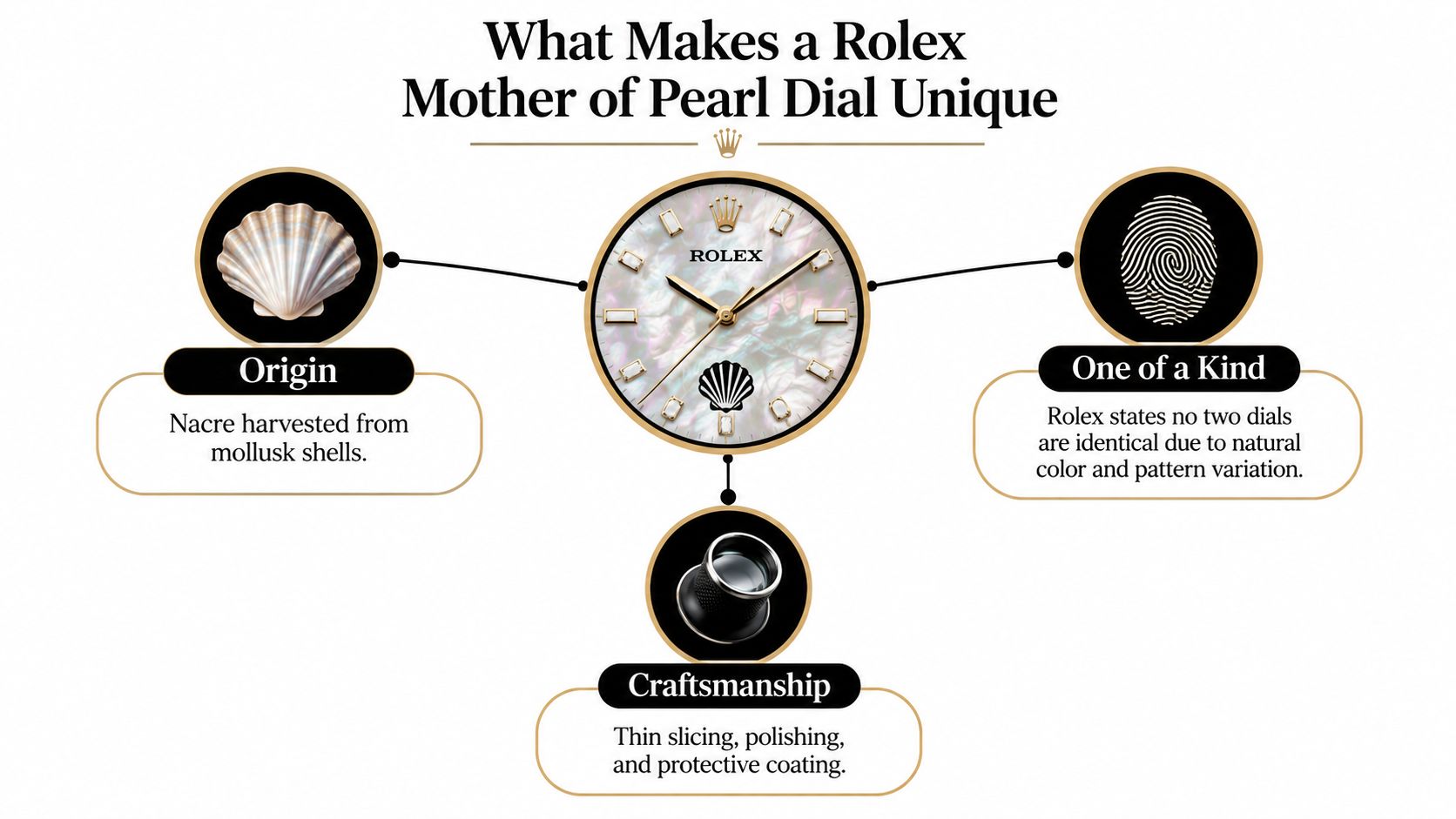 An infographic detailing the unique characteristics of Rolex Mother of Pearl watch dials including origin, craftsmanship, and exclusivity.