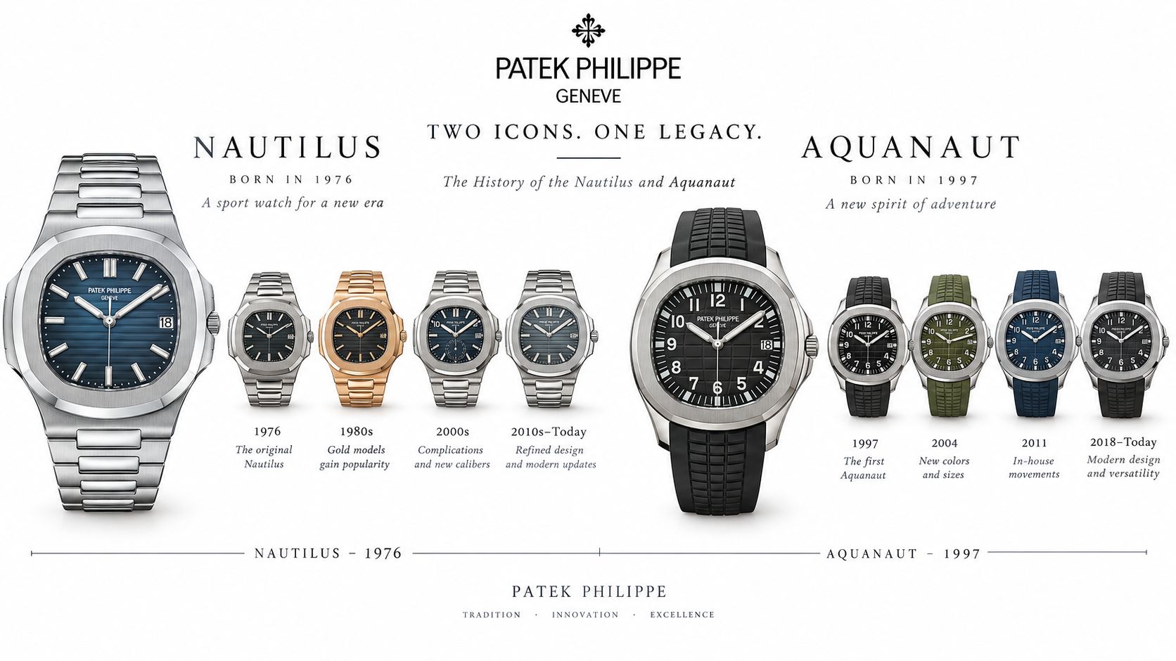 A timeline graphic showcasing the Patek Philippe Nautilus and Aquanaut luxury watch collections through the decades.