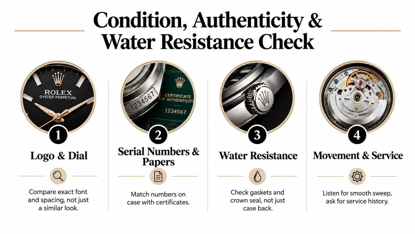 An infographic showing four steps to verify the condition, authenticity, and water resistance of a luxury watch.