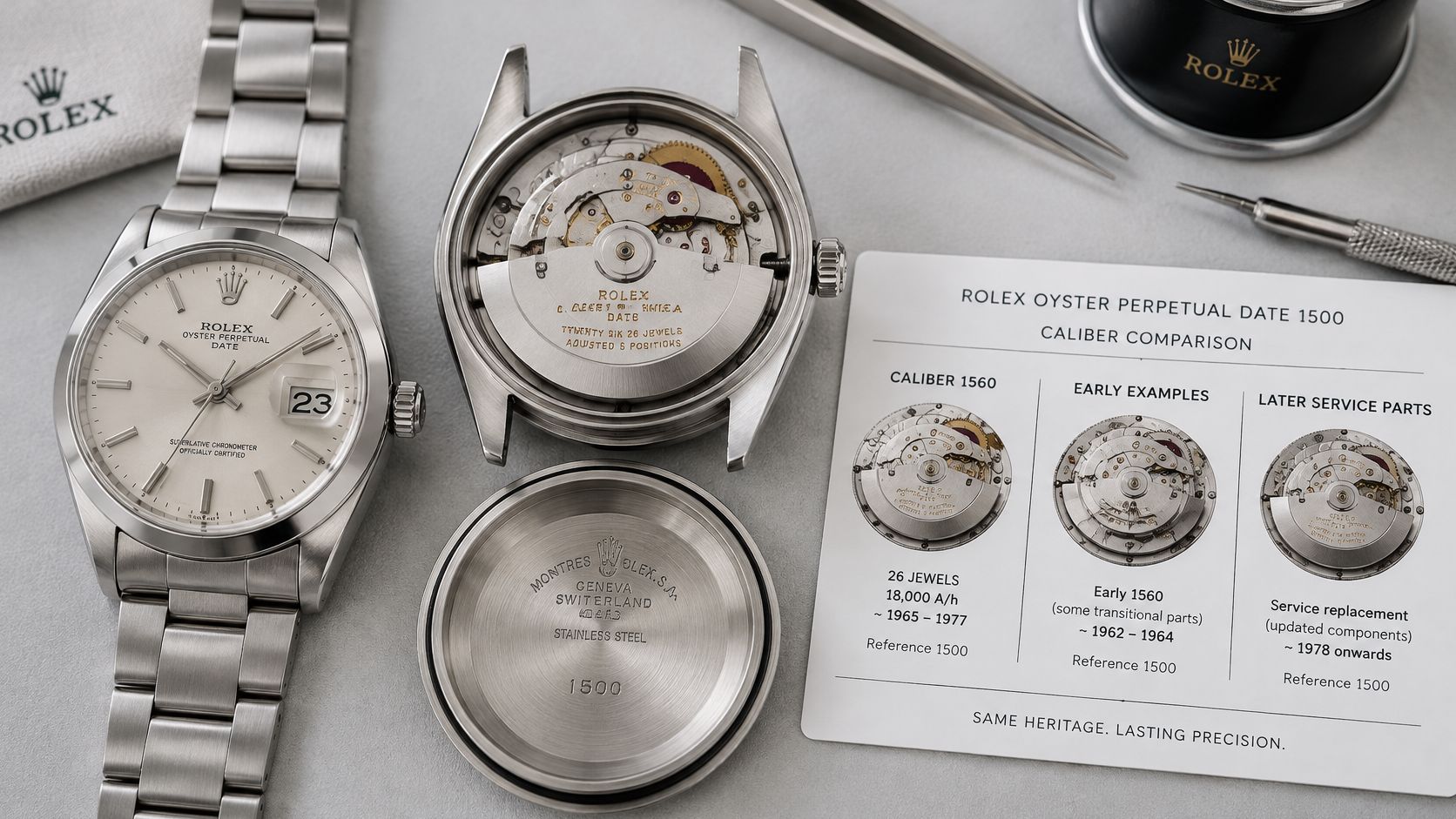 A disassembled Rolex Oyster Perpetual Date 1500 watch showing the movement, caseback, and a reference information card.