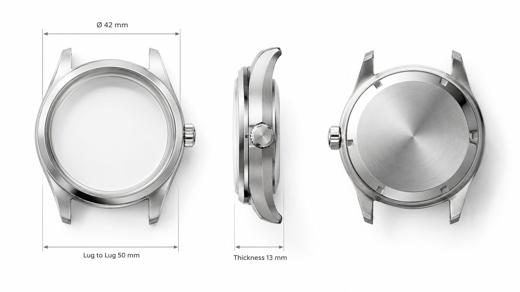 Technical diagram showing the measurements of a stainless steel watch case from front, side, and back views.