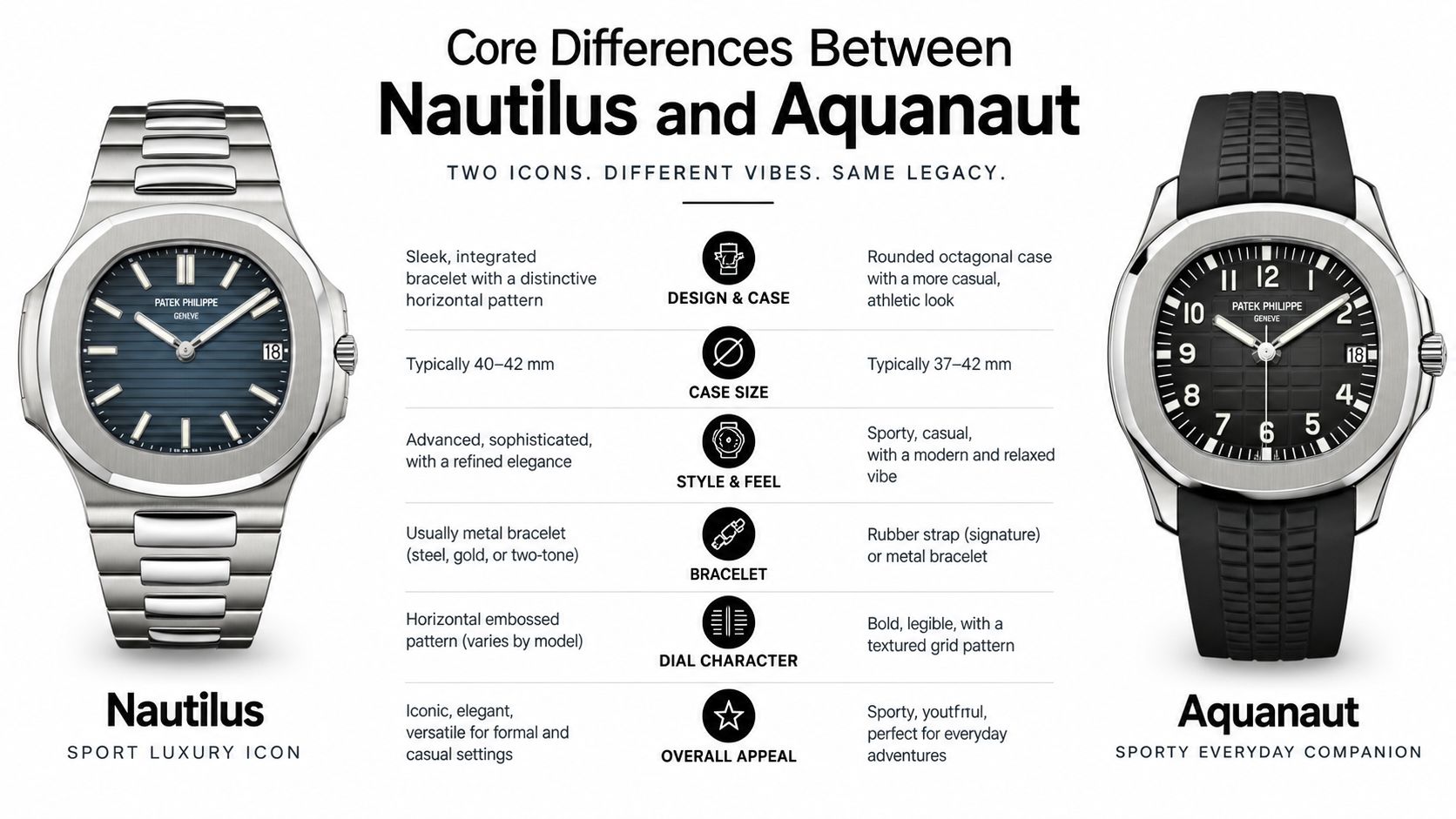 A side-by-side comparison infographic detailing the design differences between Patek Philippe Nautilus and Aquanaut luxury watches.
