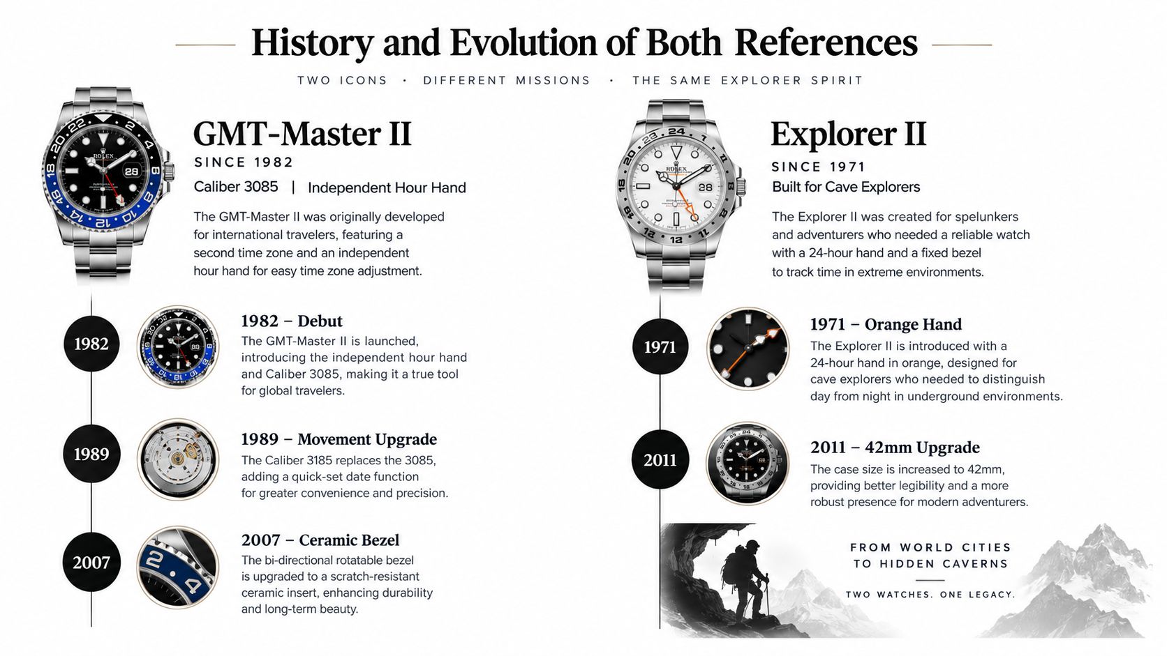 A detailed historical timeline infographic comparing the key milestones of Rolex GMT-Master II and Explorer II watches.