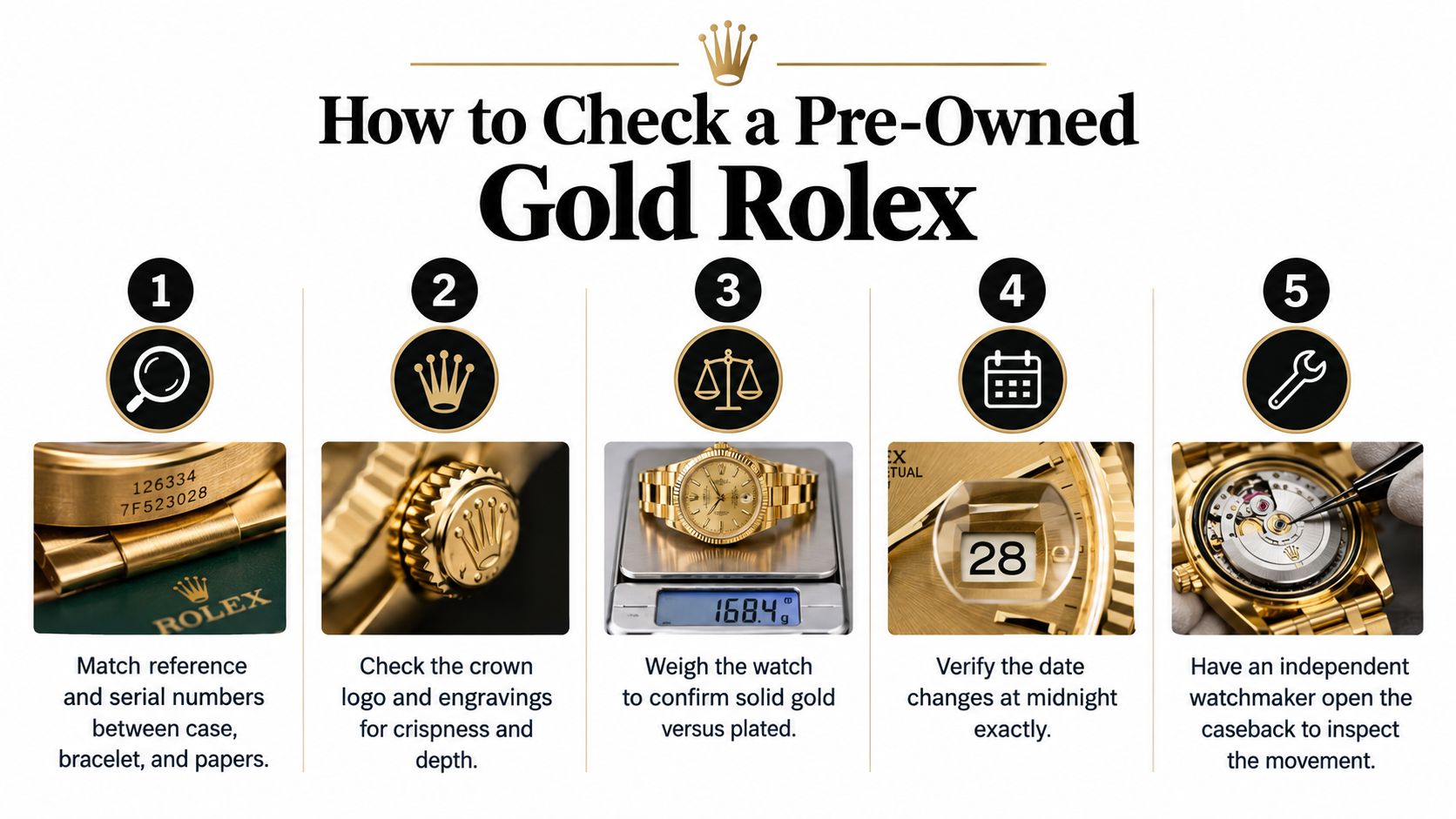 An infographic showing five essential steps to authenticate a pre-owned gold Rolex luxury watch.