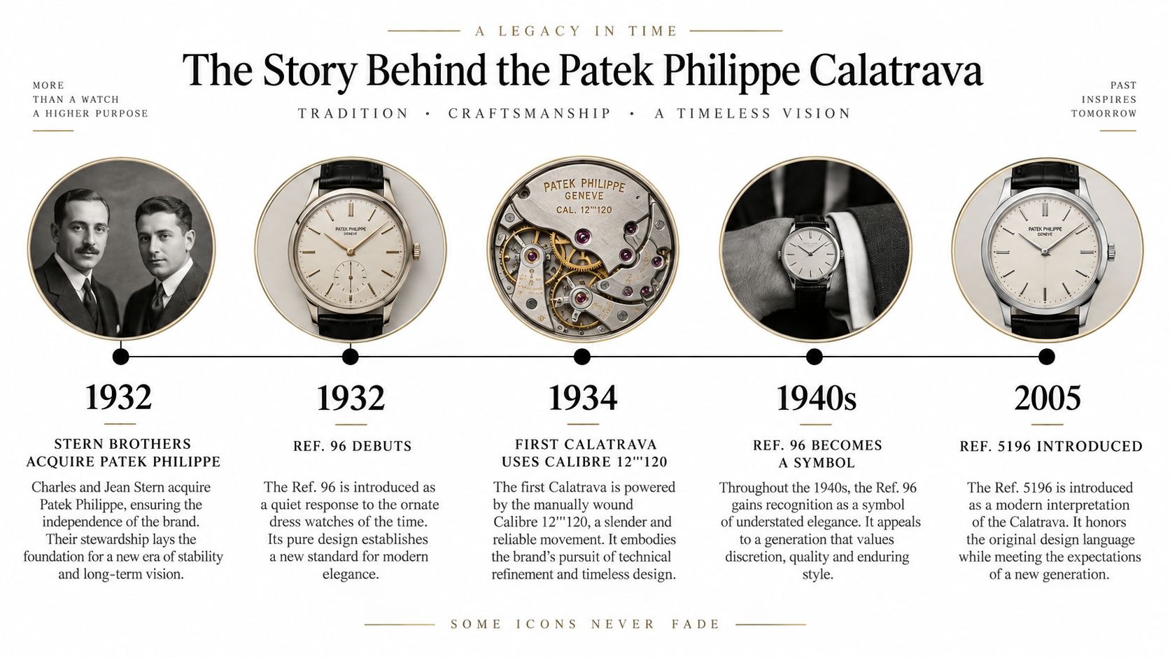 A timeline infographic detailing the history and milestones of the Patek Philippe Calatrava watch brand.
