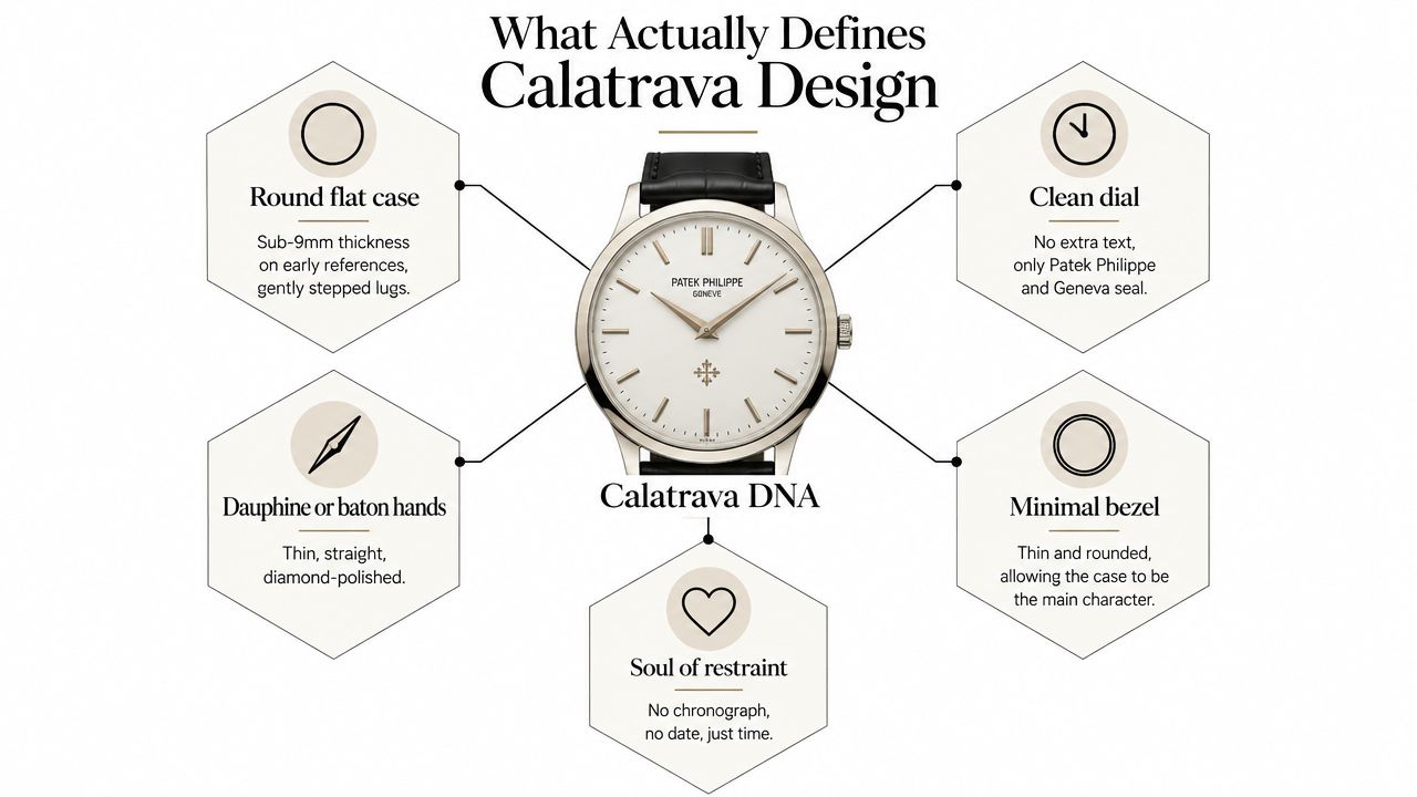 An infographic showing the core design features of a classic Patek Philippe Calatrava dress watch.