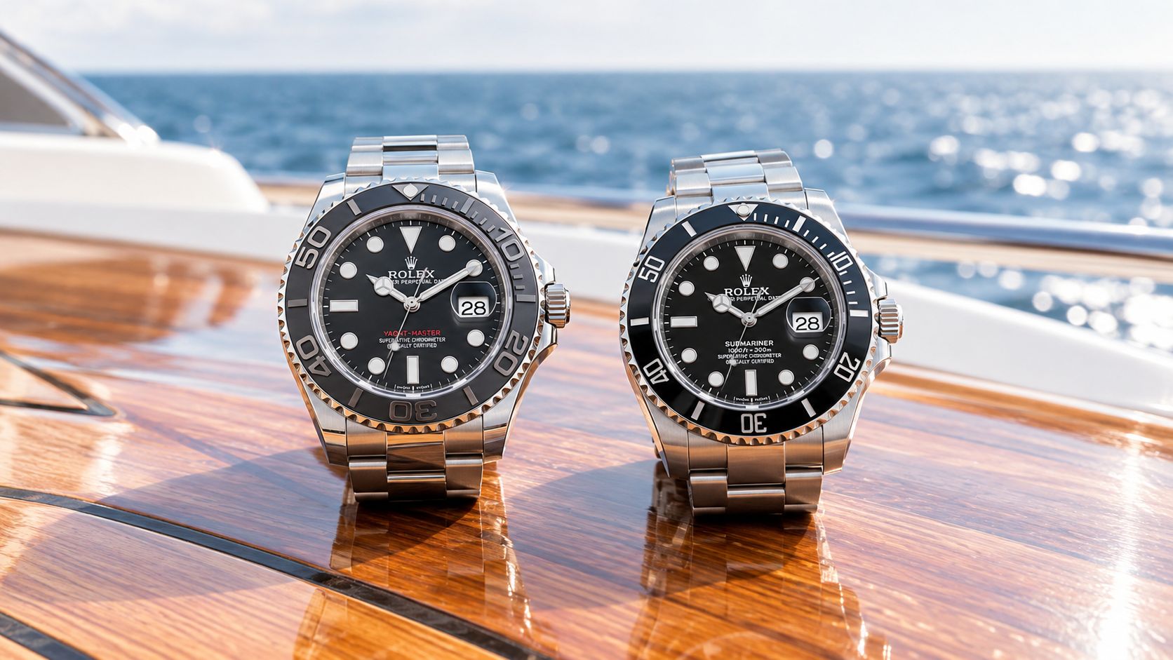 A Rolex Yacht-Master and a Rolex Submariner side by side on a polished wooden deck by the ocean.
