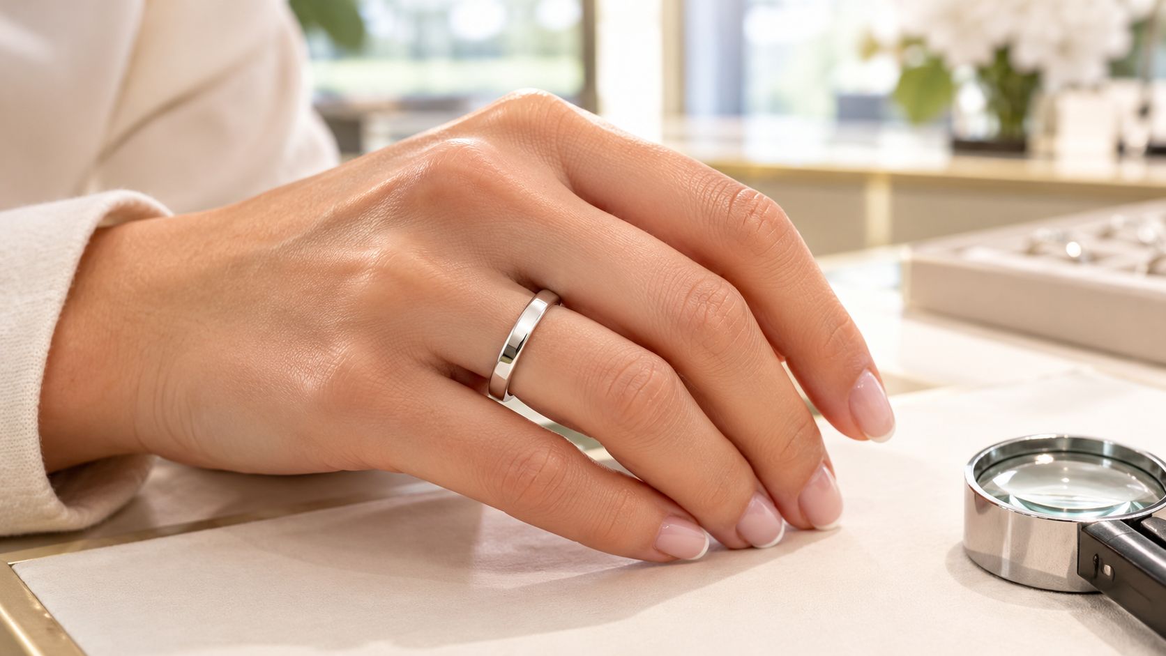 A close-up shot of a woman's hand wearing a simple and elegant white gold wedding band.