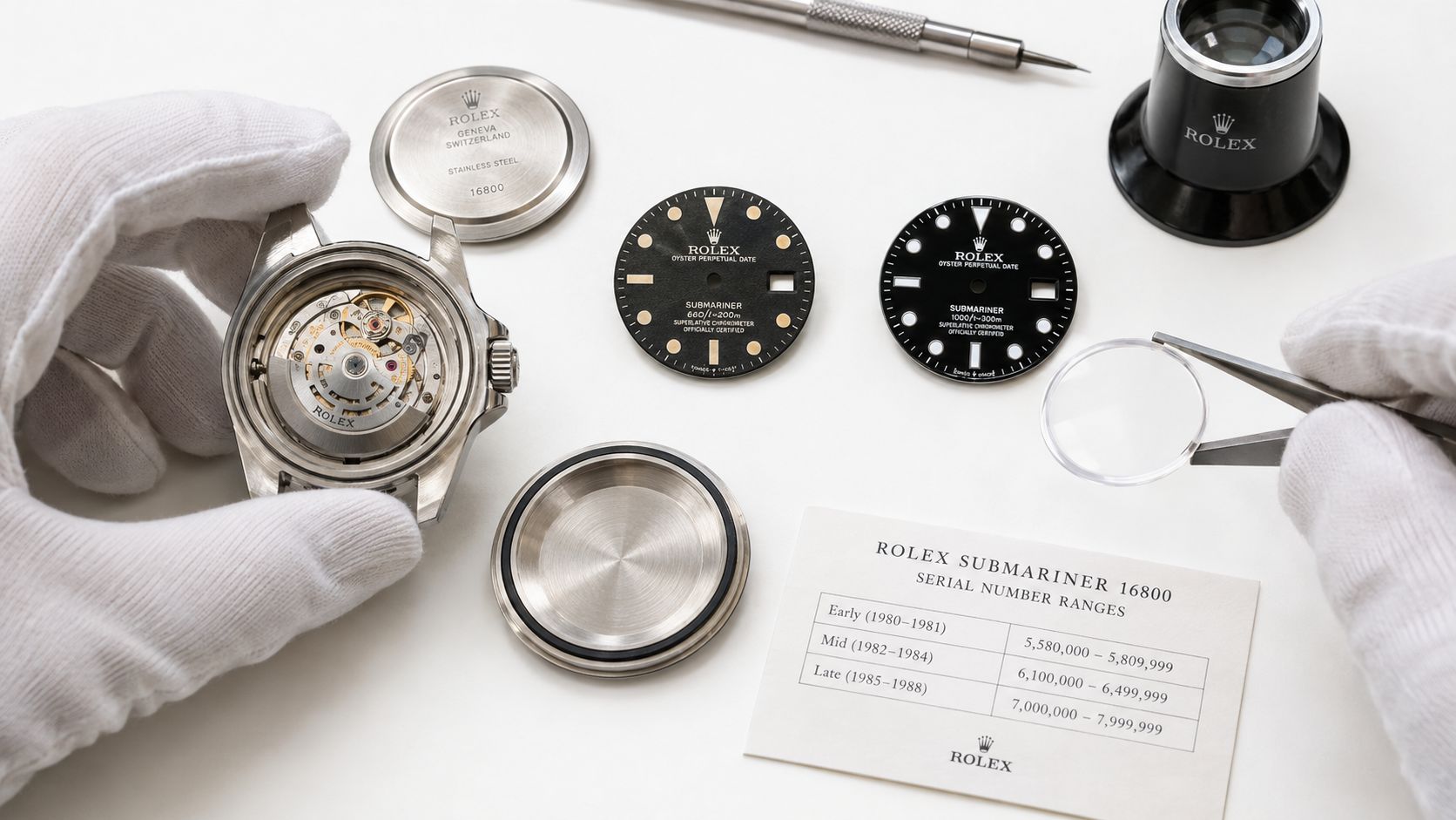A watchmaker disassembles a Rolex Submariner 16800, displaying the movement, vintage and modern dials, and reference serial numbers.