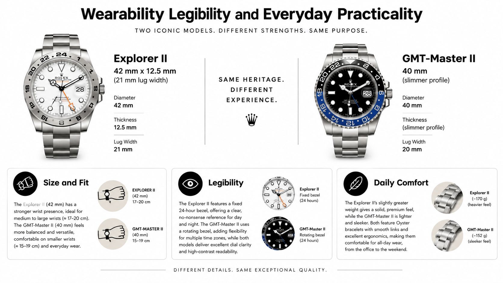 A comparison graphic detailing the physical specifications and features of Rolex Explorer II and Rolex GMT-Master II watches.