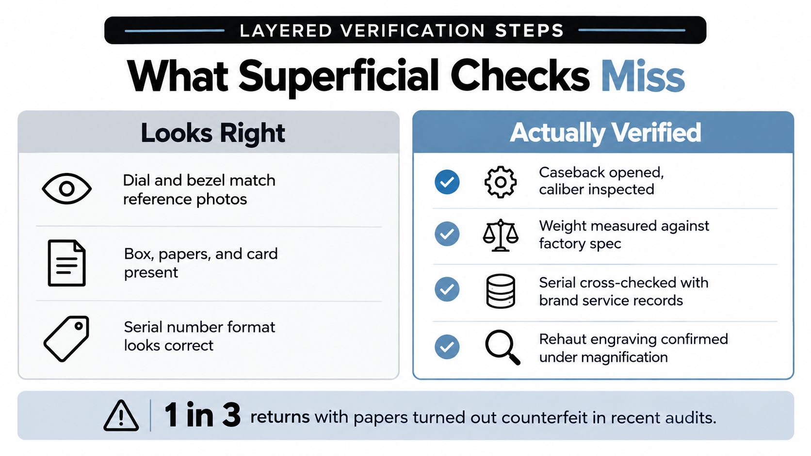 A comparison chart showing how layered verification steps detect counterfeit watches beyond superficial surface level inspections.