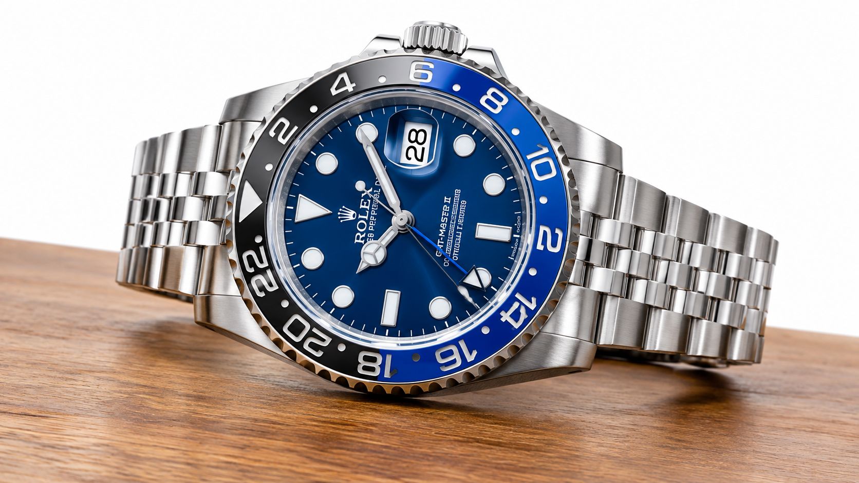 A detailed close-up shot of a luxury watch, highlighting the dial, case, and bracelet for evaluation.