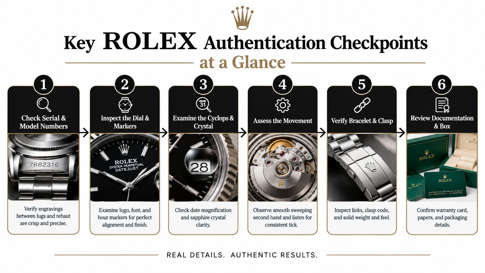 A flowchart showing the three key steps to authenticate a Rolex: physical inspection, serial number verification, and professional appraisal.