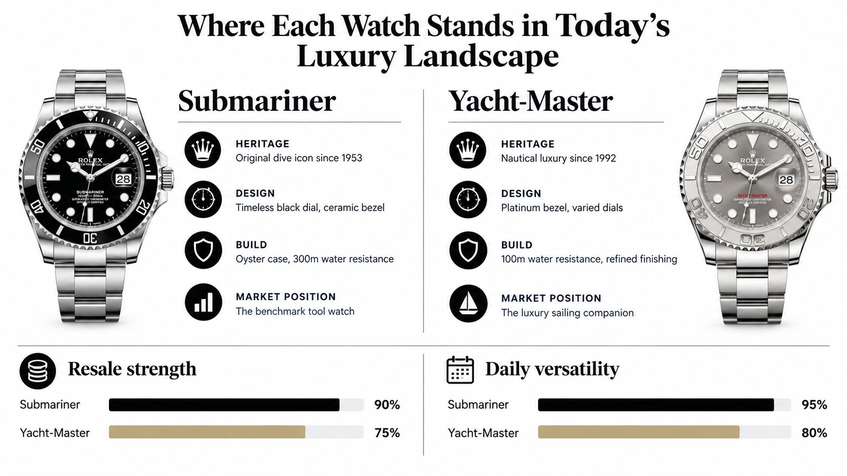 A comparison infographic featuring Rolex Submariner and Yacht-Master watches, highlighting their heritage, design, build, and market position.