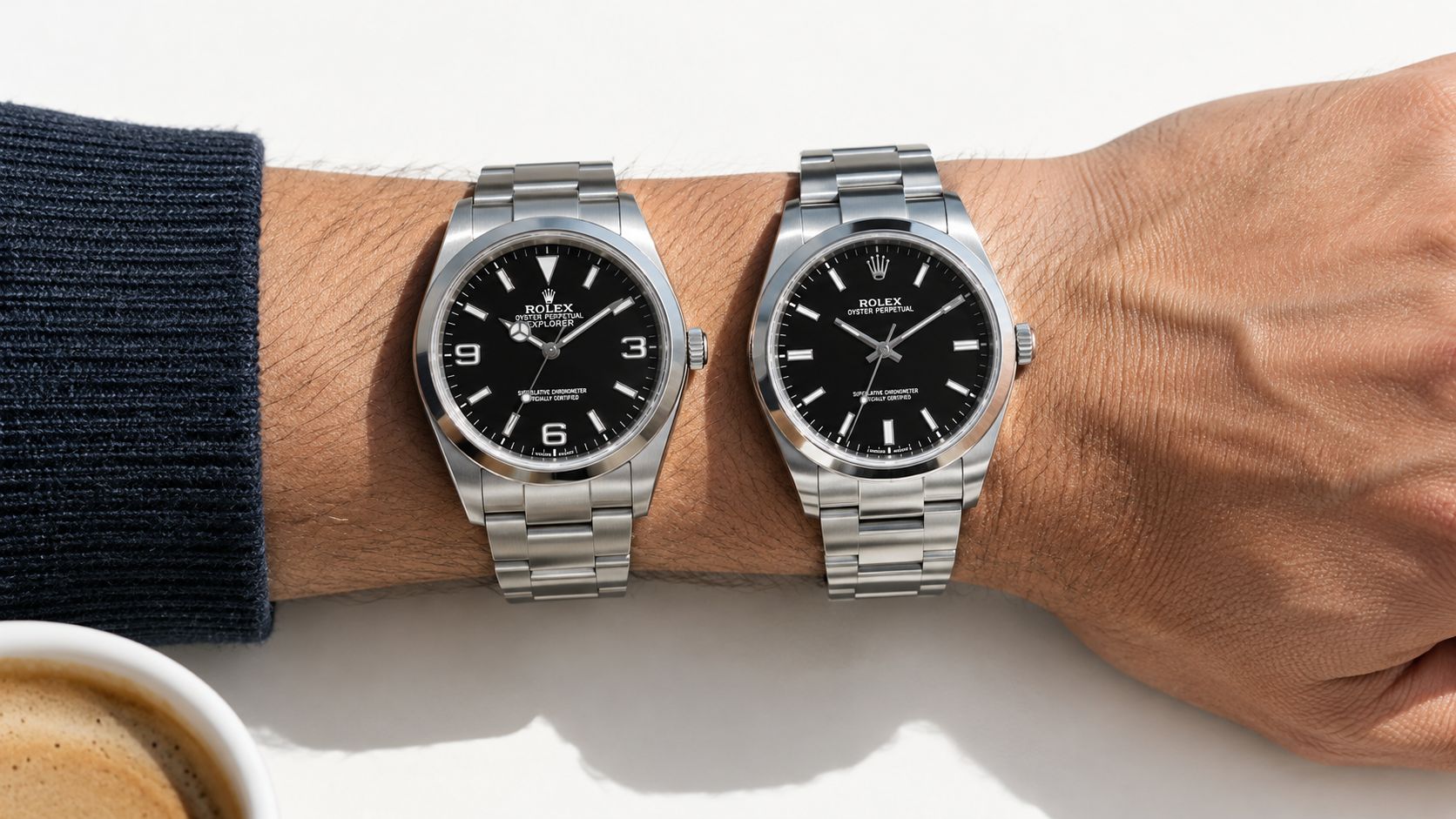 Rolex Explorer and Rolex Oyster Perpetual worn on the wrist, side by side