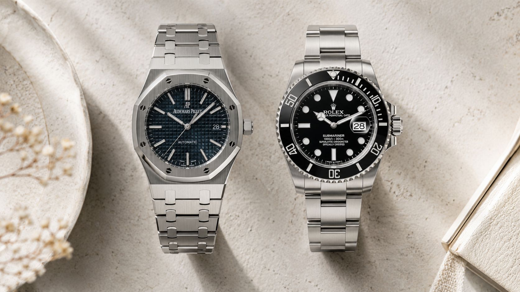 An Audemars Piguet and a Rolex watch displayed side-by-side for comparison on a textured surface.