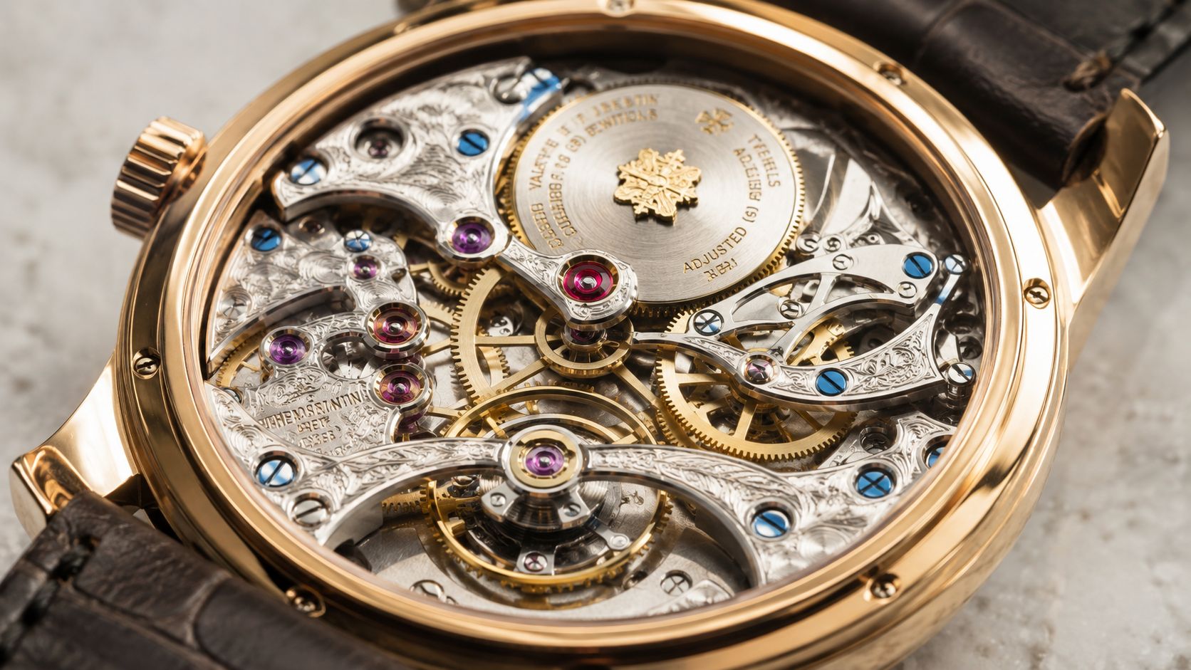 A detailed close-up of an intricate luxury watch movement, showing gears, jewels, and detailed finishing.