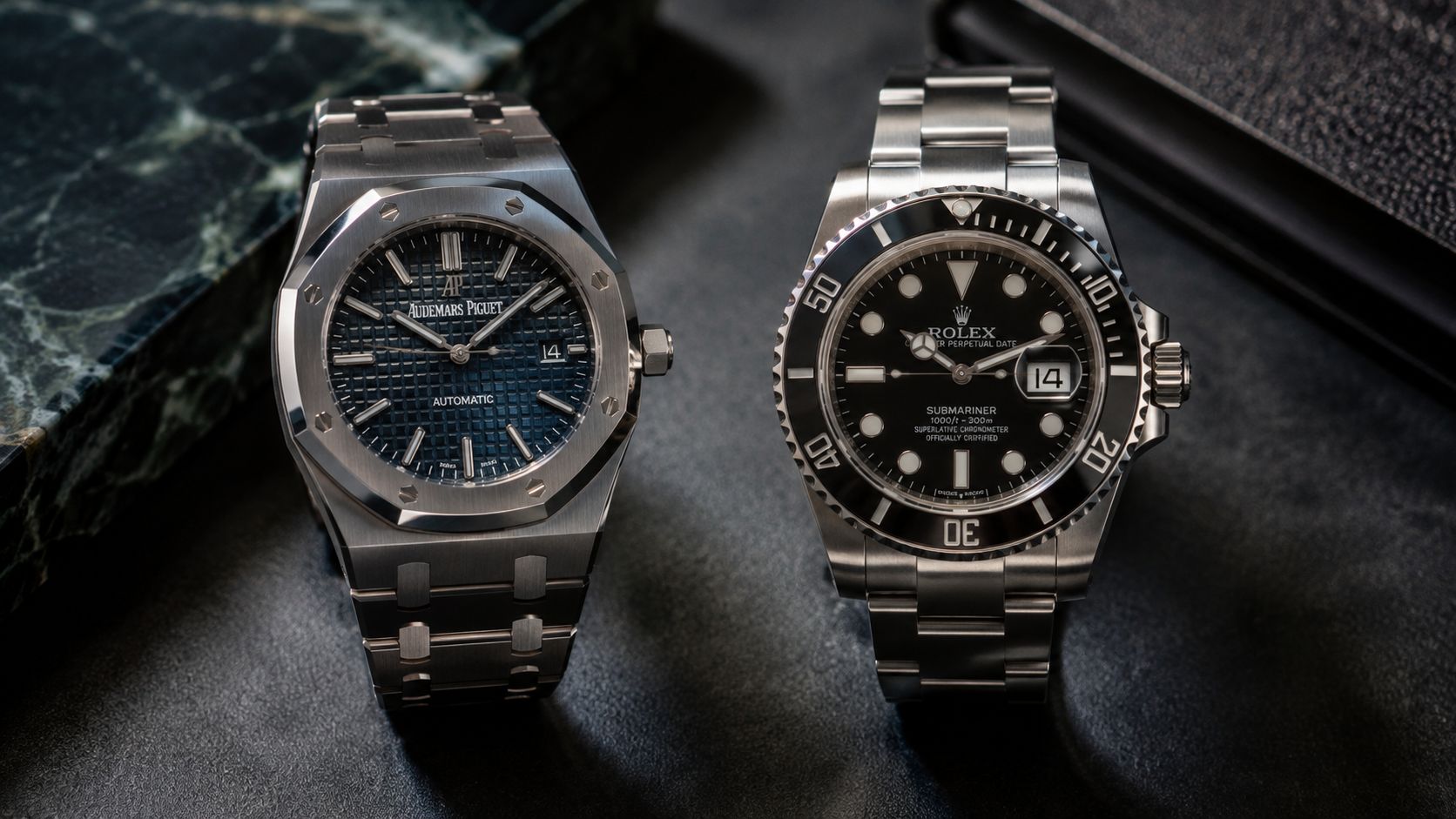 An Audemars Piguet Royal Oak and a Rolex Submariner watch displayed side-by-side for comparison.