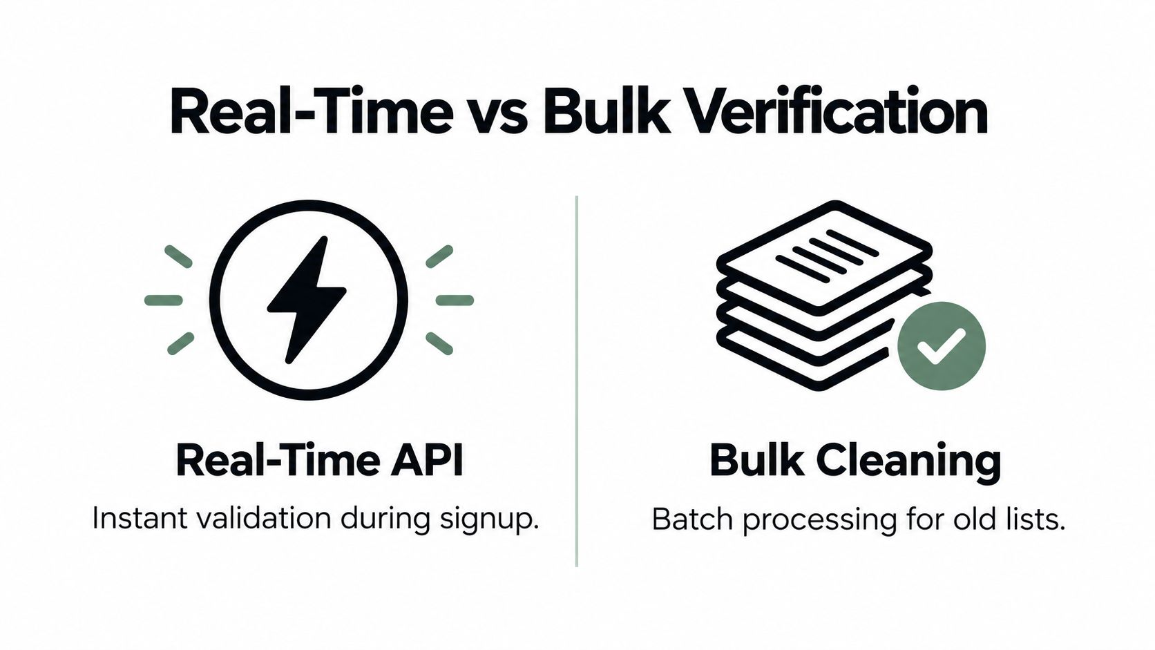 A comparison graphic showing real-time API email verification versus bulk cleaning for existing email lists.