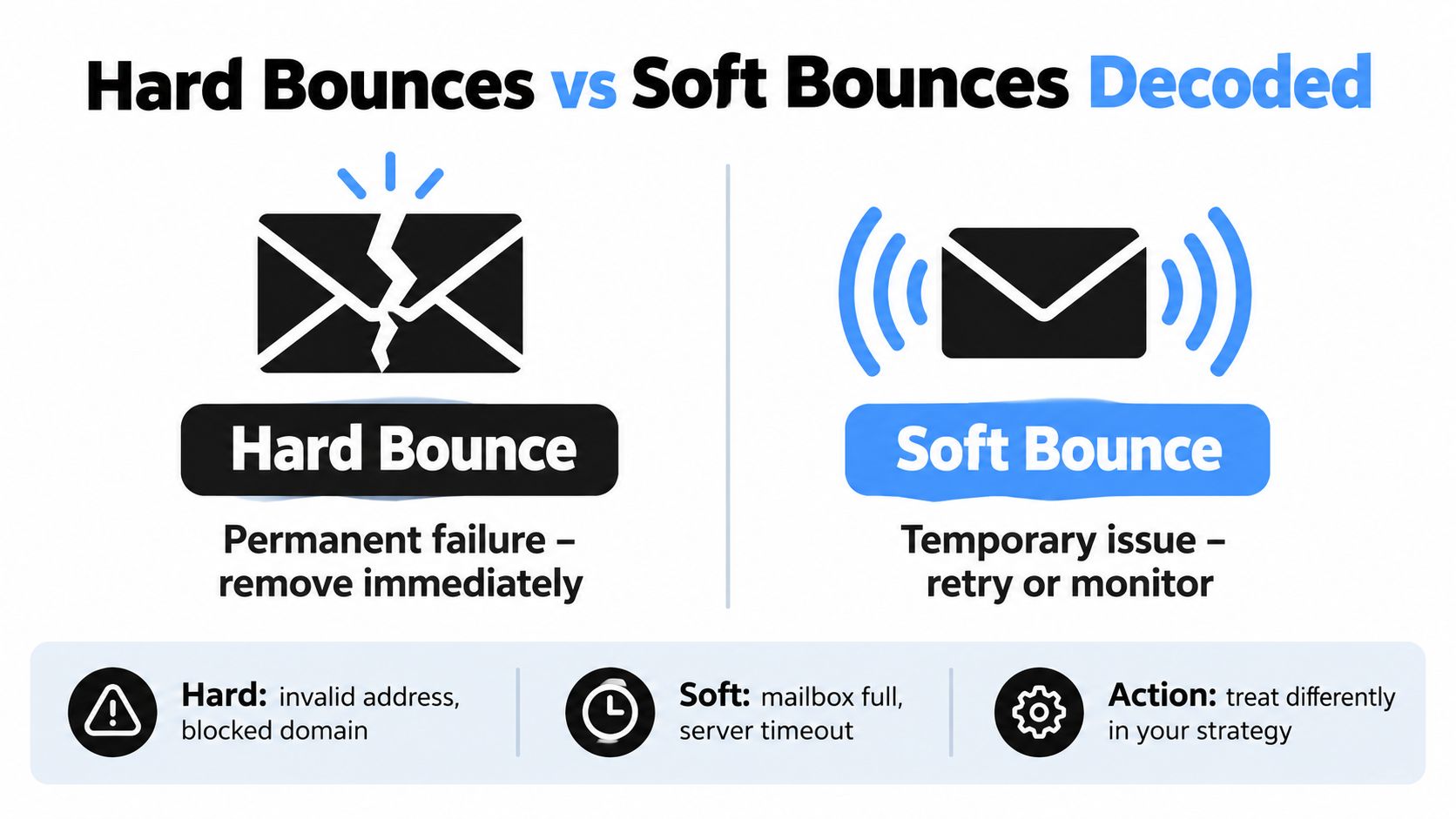 An infographic comparing hard and soft email bounces, explaining their definitions, common causes, and necessary management strategies.