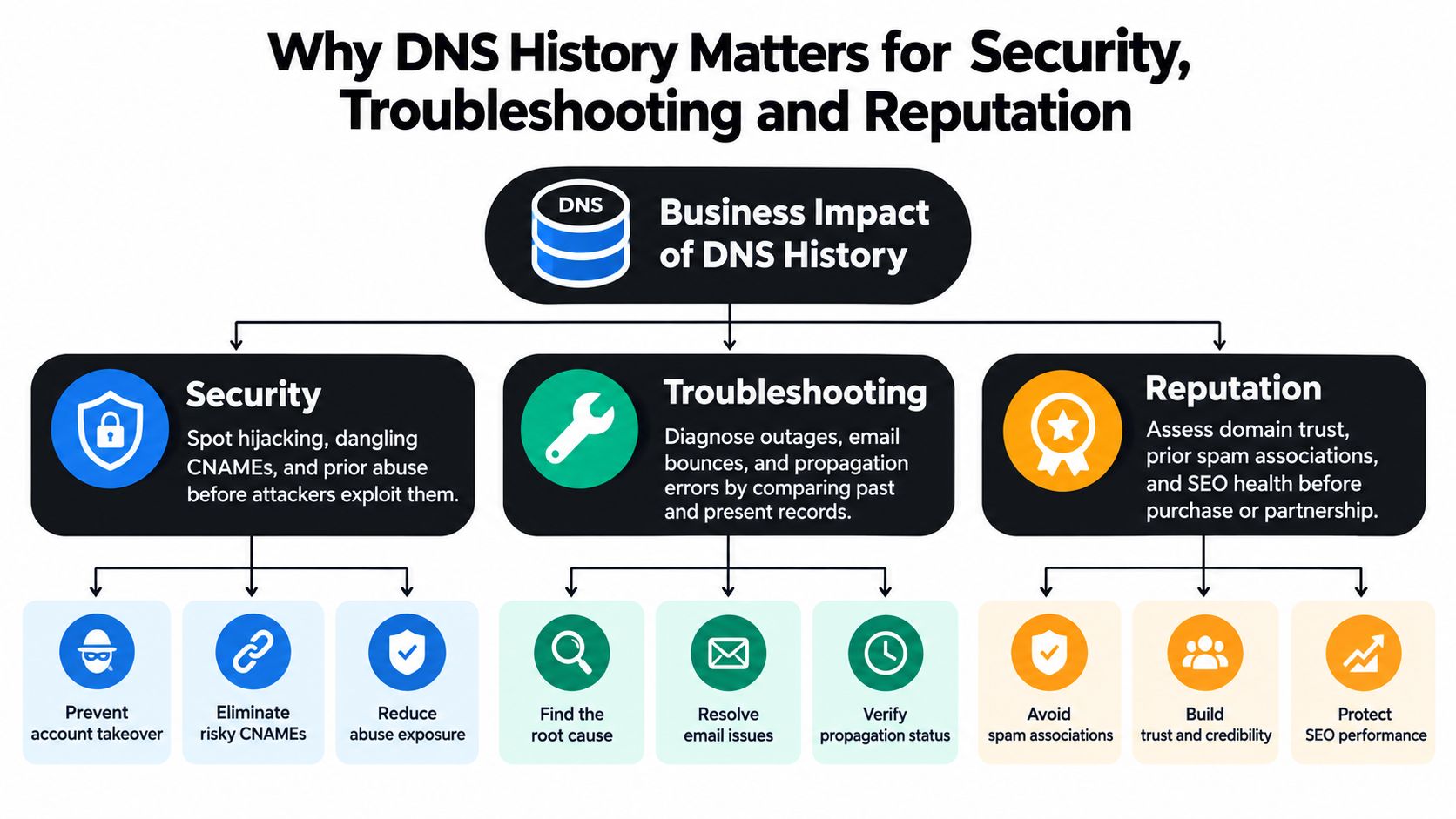 A diagram outlining the business impact of DNS history on security, troubleshooting, and domain reputation management.