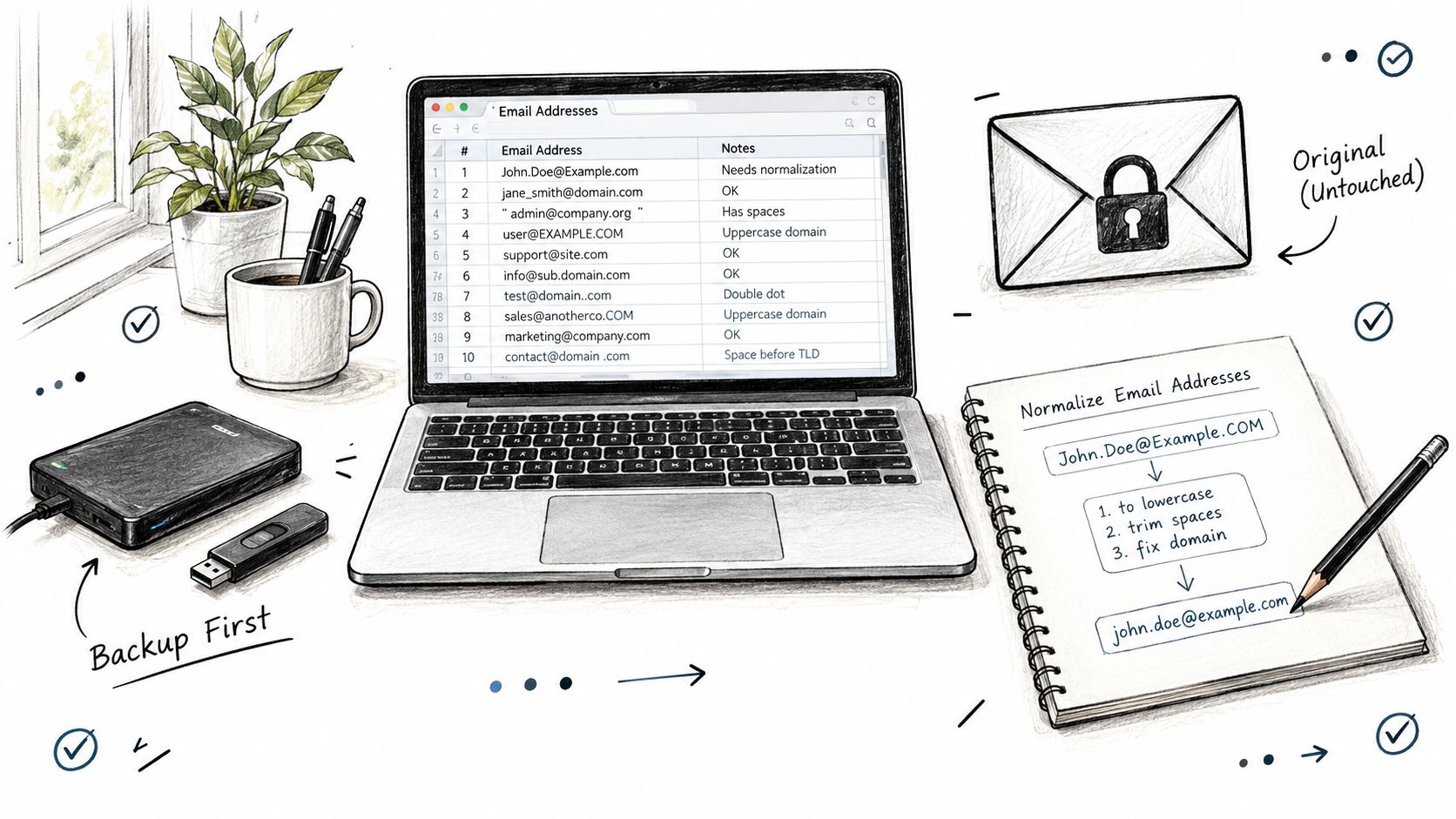 A sketched illustration showing a laptop with an email address spreadsheet next to normalization instructions.