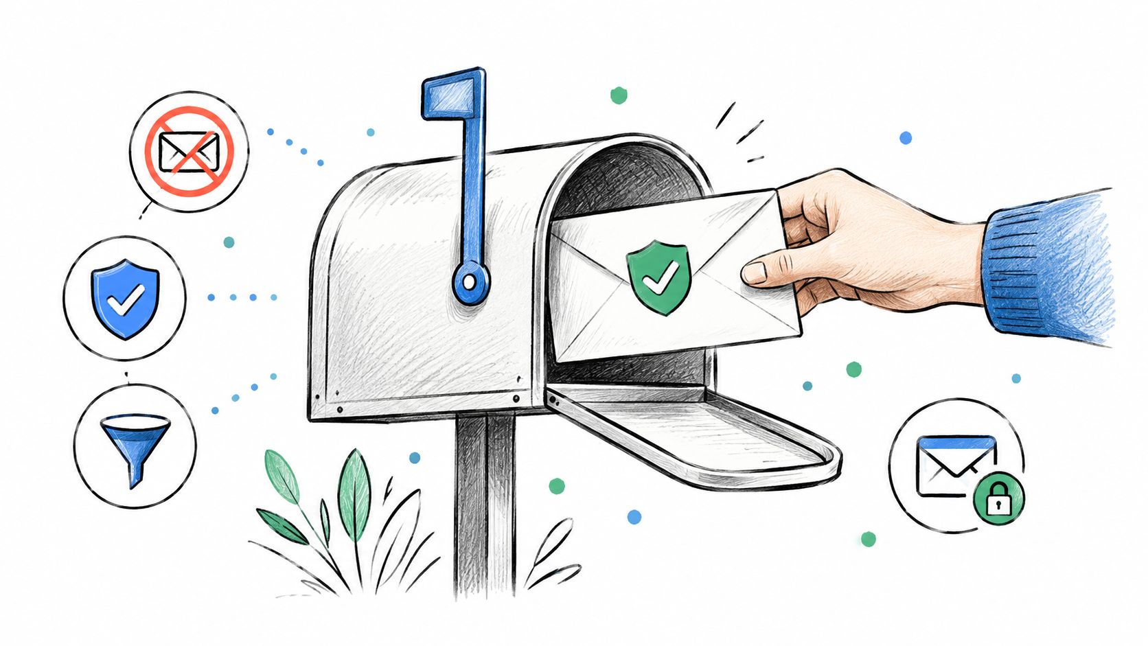 A hand placing a secured letter with a shield icon into a mailbox with various security icons.