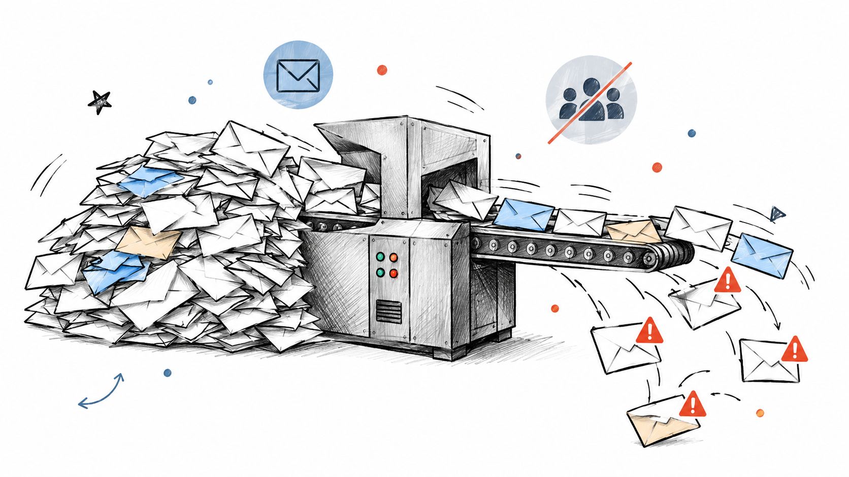 A hand-drawn illustration of a machine processing a pile of emails with some marked as suspicious.