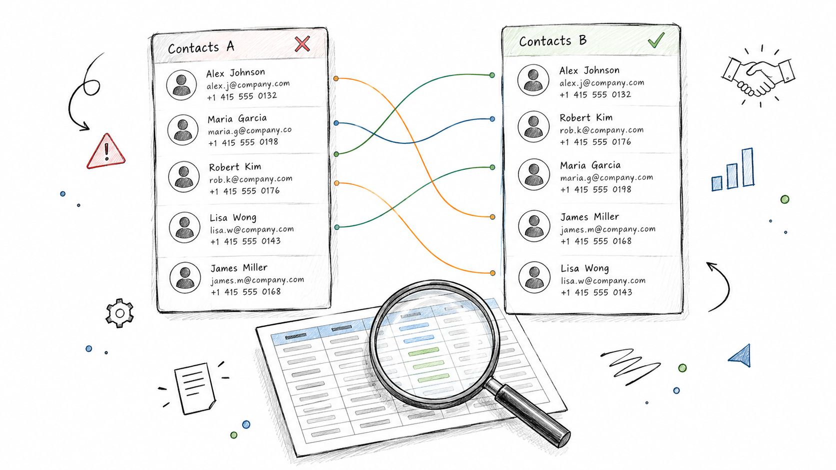 A hand-drawn illustration showing data synchronization between two contact lists using lines to match entries.