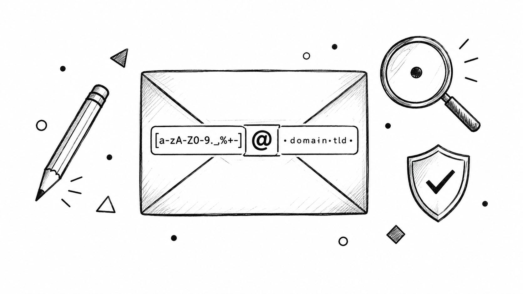 A hand-drawn illustration showing an envelope with a regex email pattern depicted on its front cover.