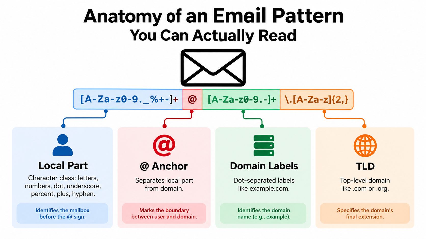 A diagram explaining the anatomy of an email address regex pattern with labeled components for better understanding.