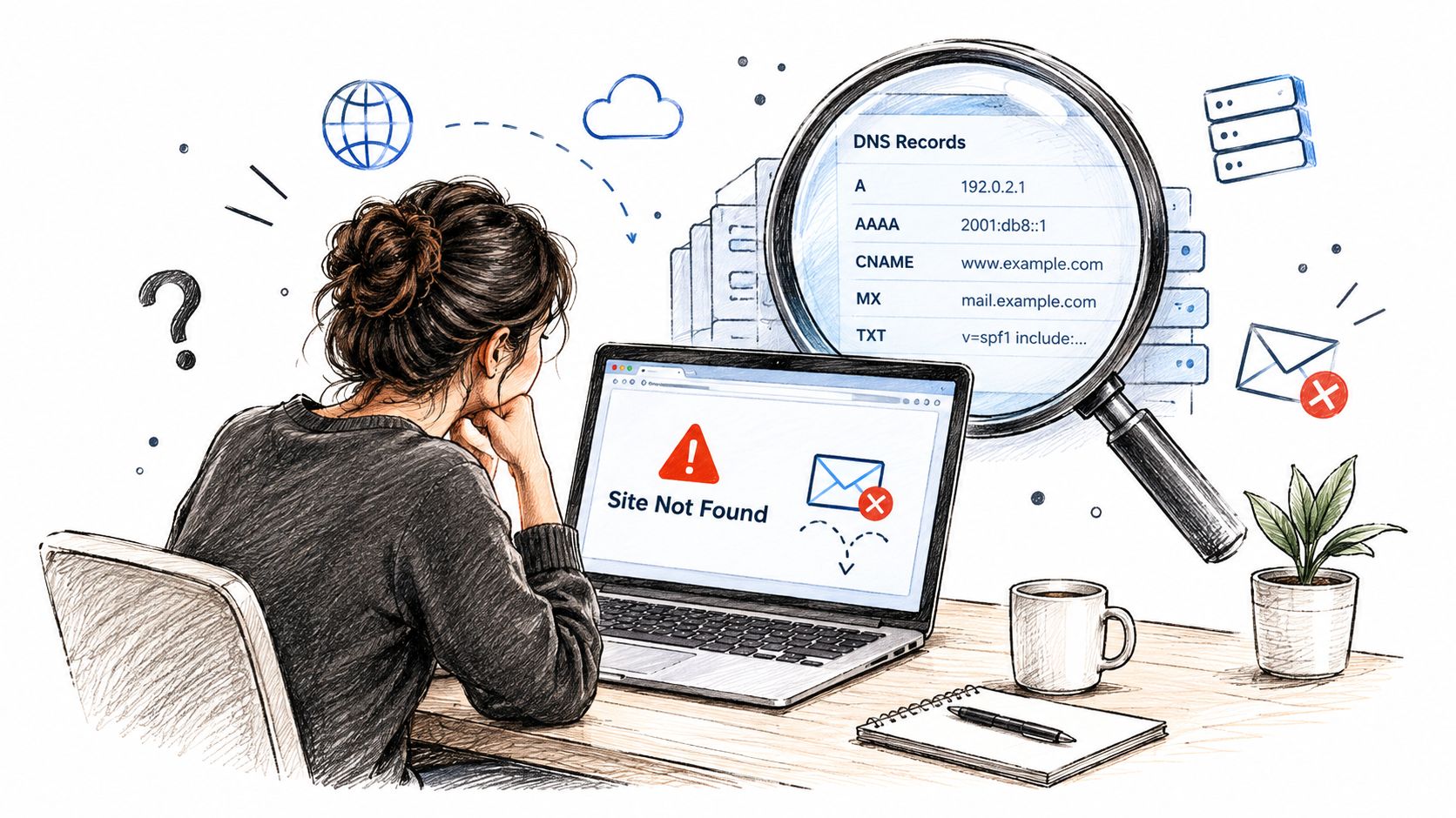 A woman looks concerned at a laptop displaying a site not found error with DNS records visible.
