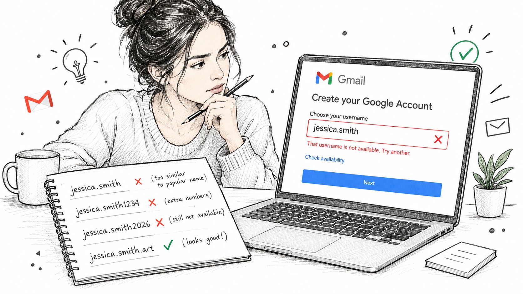 A woman sketching name ideas in a notebook to create a unique and available Gmail account address.