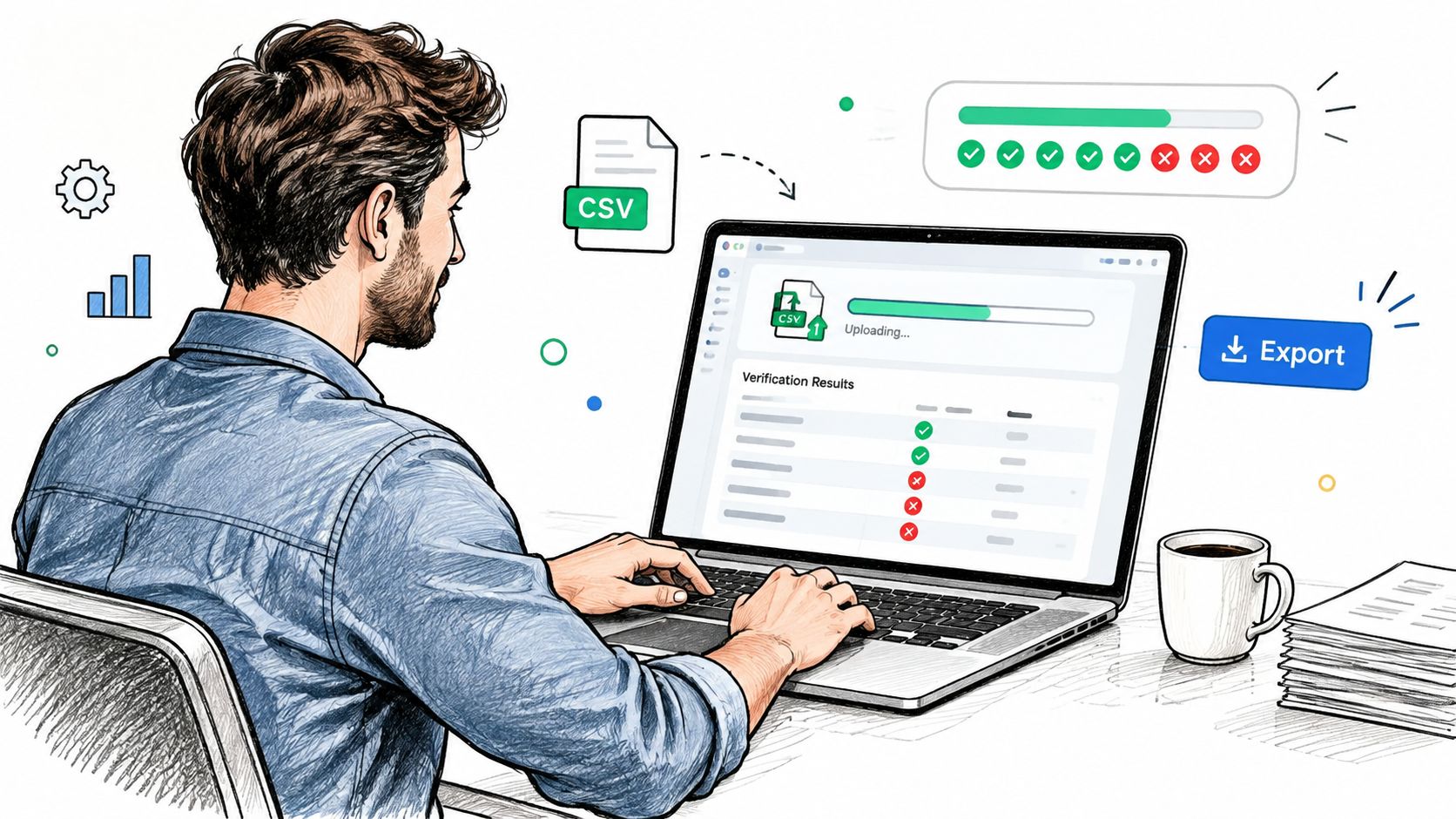 A digital illustration of a professional working on a laptop while processing and verifying email CSV files.