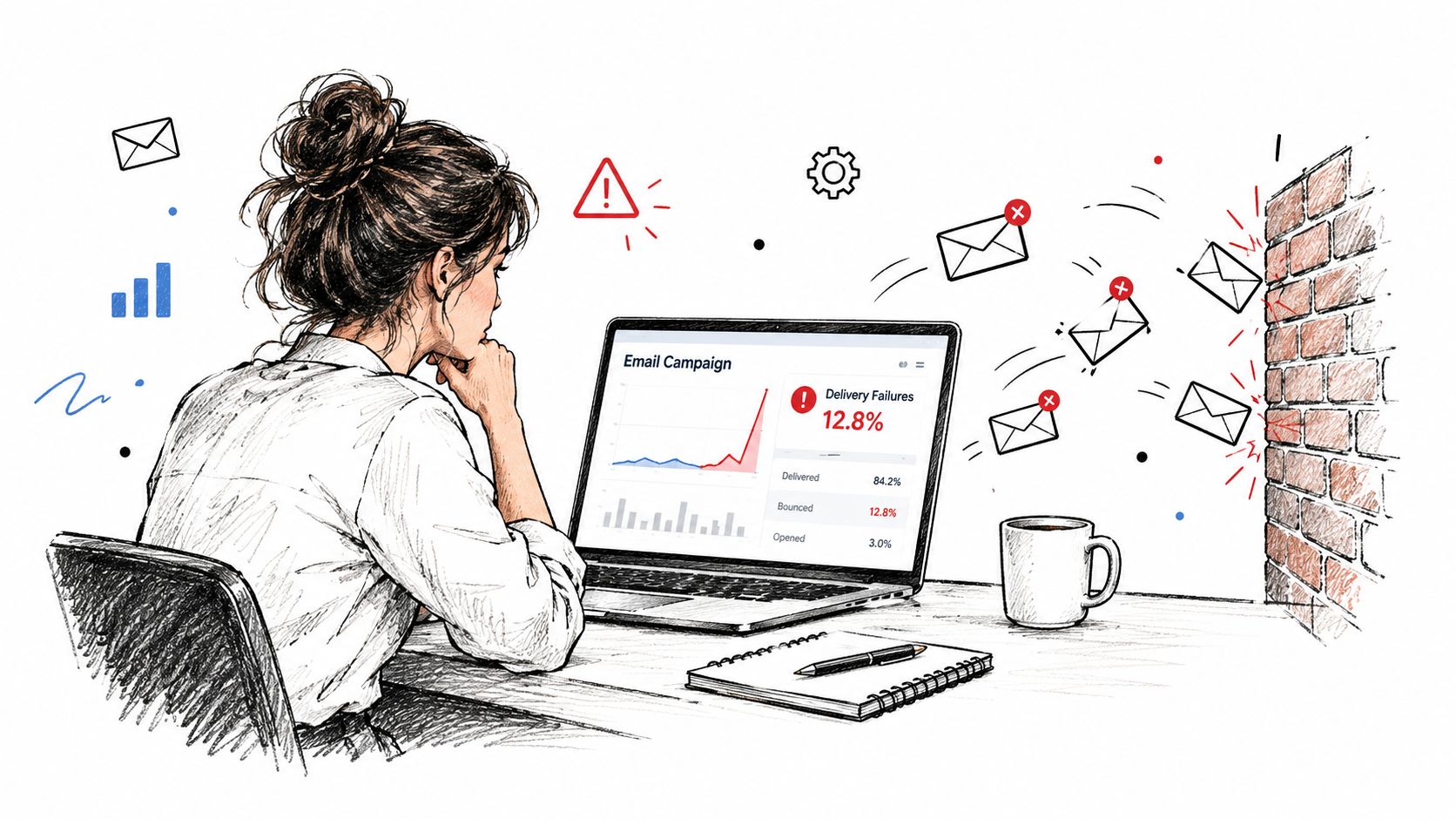 A businesswoman looking at a laptop screen displaying high email delivery failure rates and blocked messages.