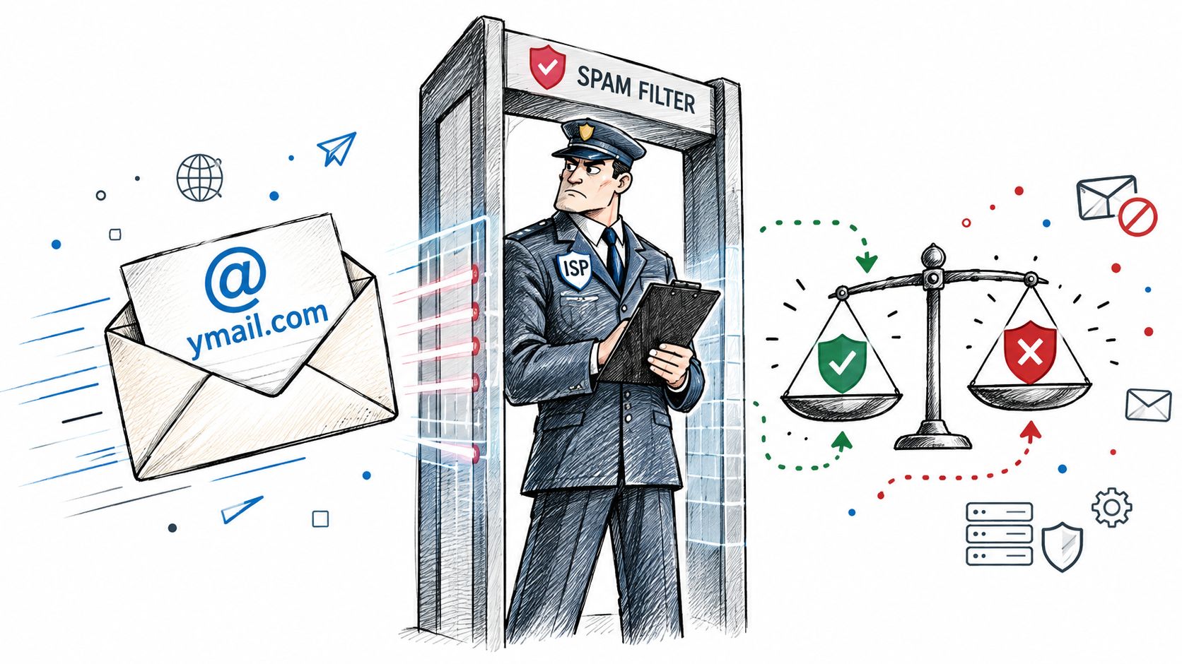 An illustration of a security guard filtering incoming Ymail emails through a spam check system.