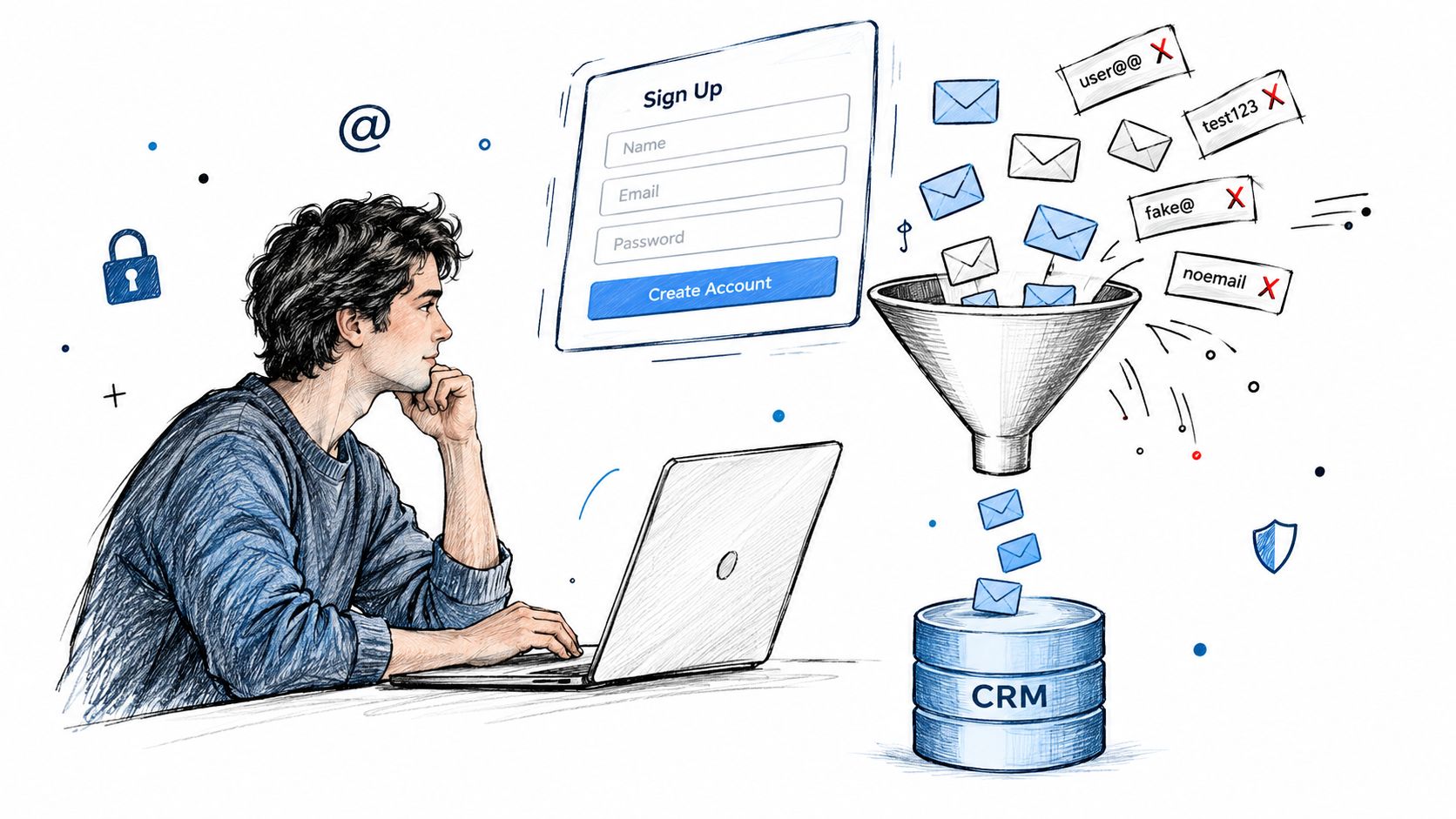 A person sitting at a laptop while email sign-up entries are filtered before entering a CRM database.