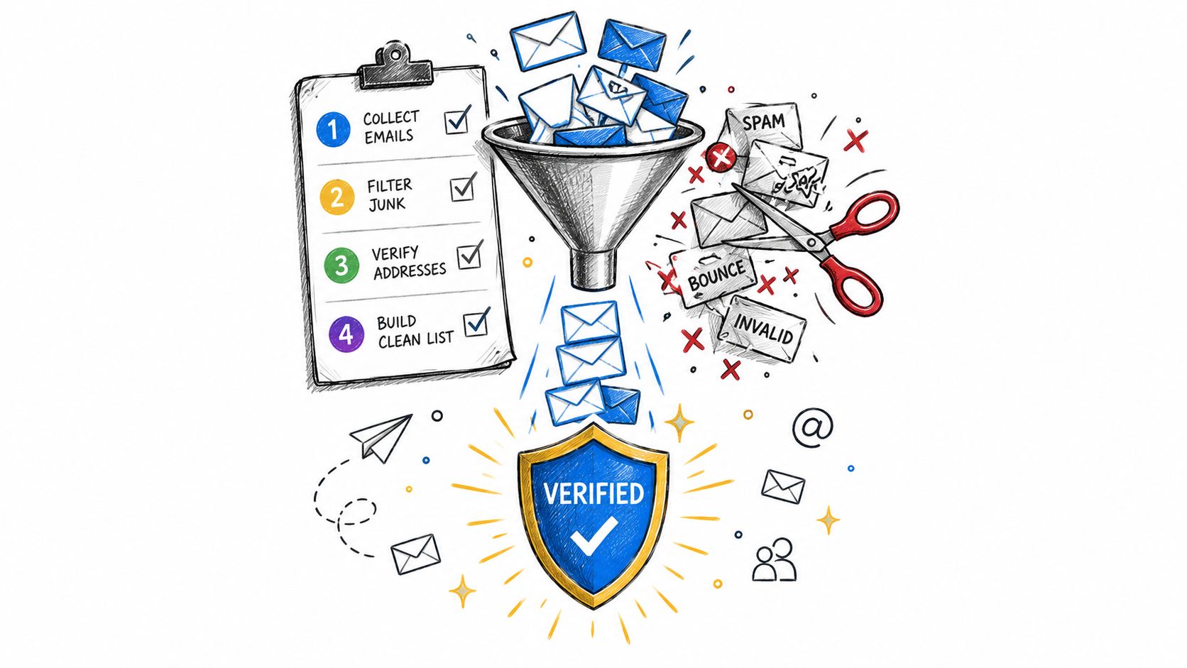 A diagram illustrating the four-step process of email list cleaning, filtering, verification, and maintaining a verified list.