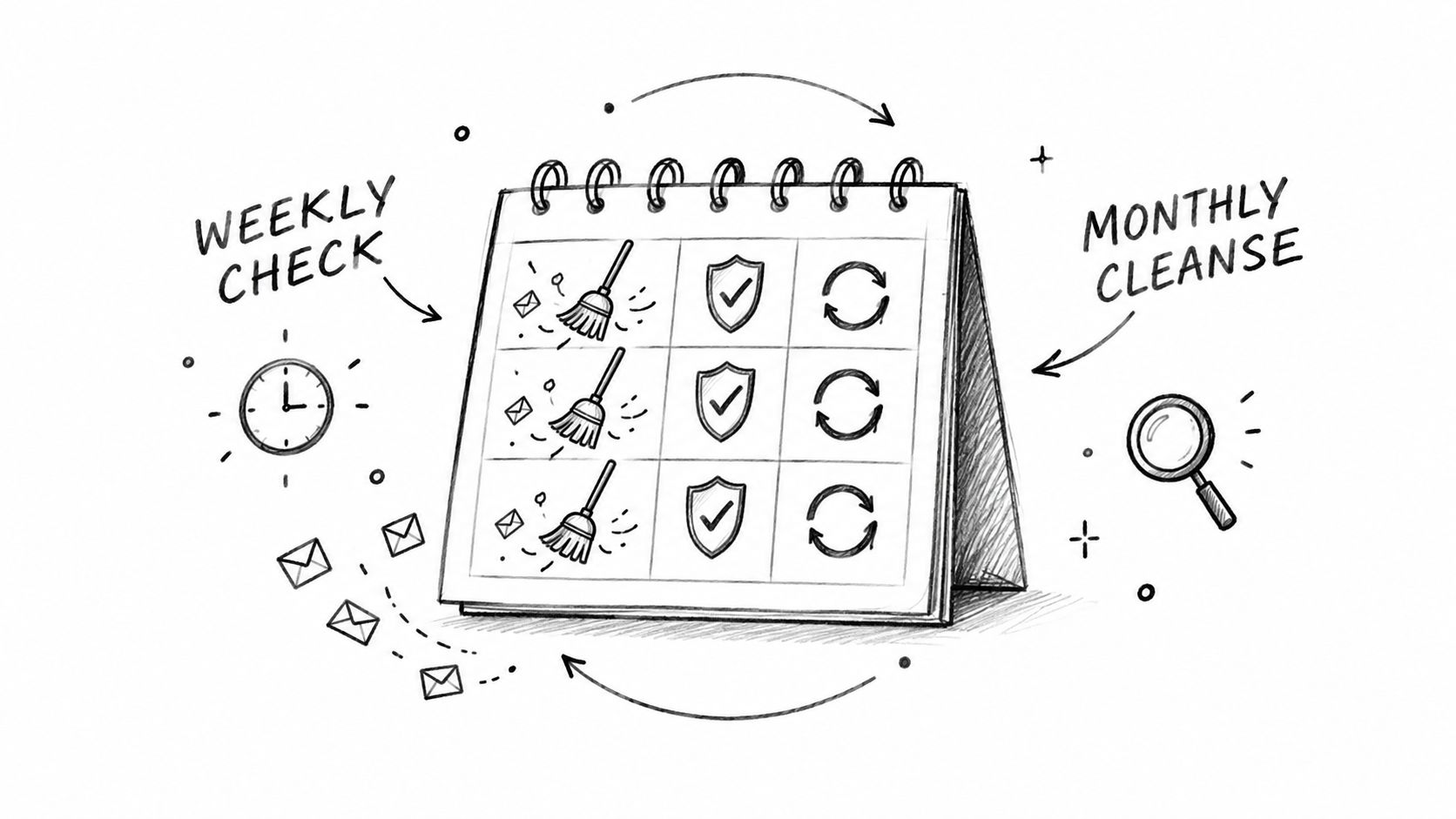 A hand-drawn calendar illustration representing email maintenance with icons for cleaning, security, and recurring tasks.