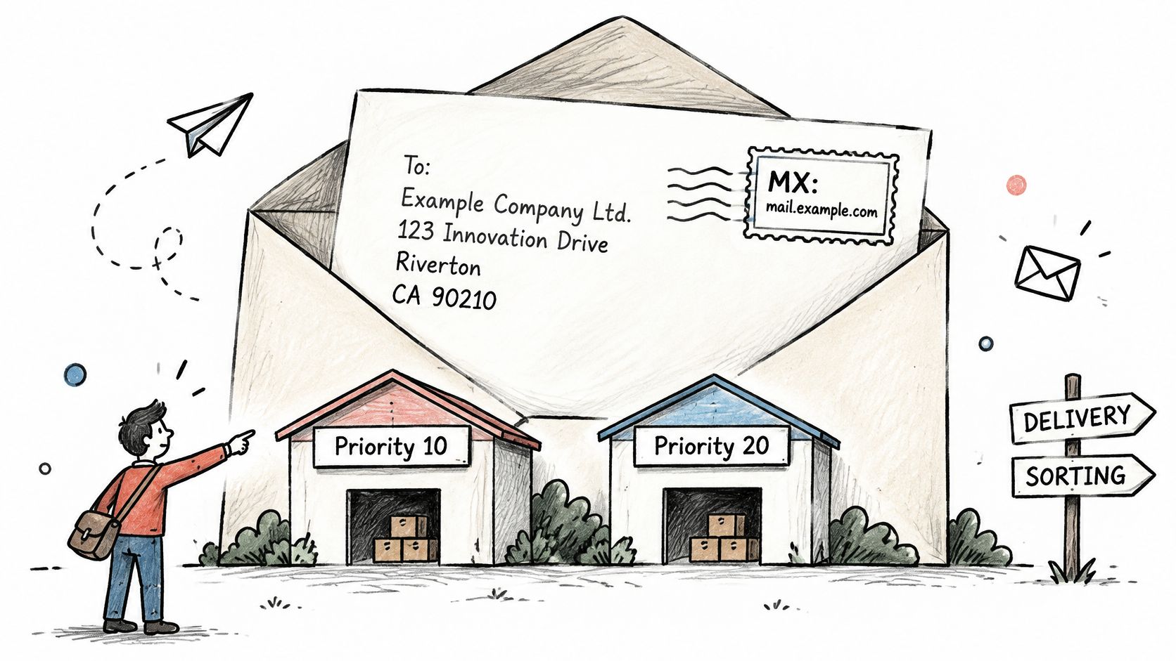 A hand-drawn illustration showing a person pointing toward delivery warehouses labeled Priority 10 and Priority 20.