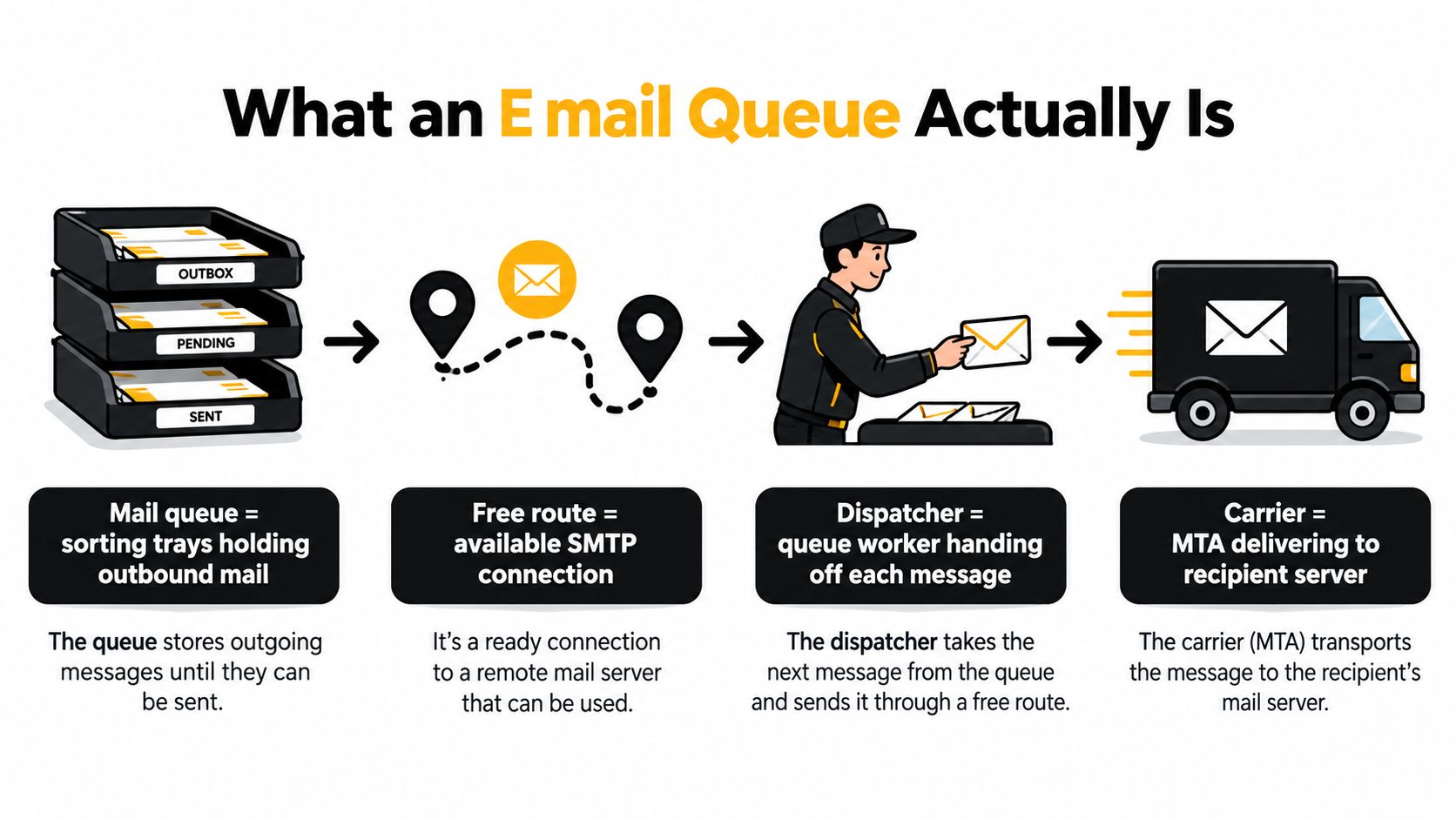 A diagram illustrating how an email queue works, comparing mail processing steps to a physical logistics delivery system.