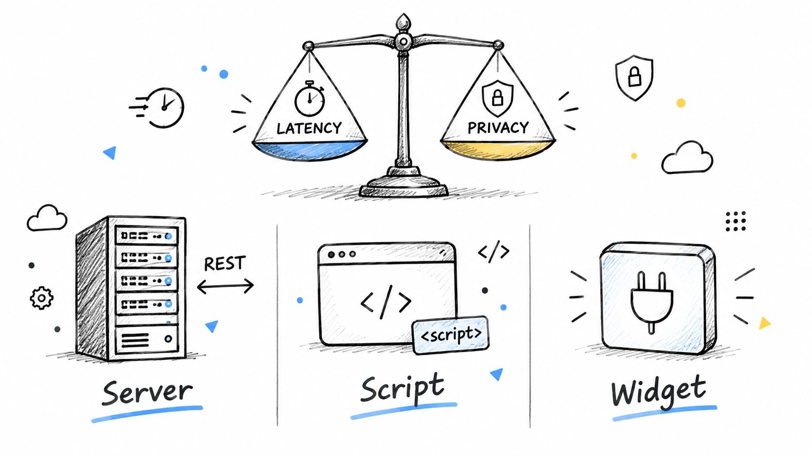 A hand-drawn illustration showing the trade-off between latency and privacy in server, script, and widget architecture.