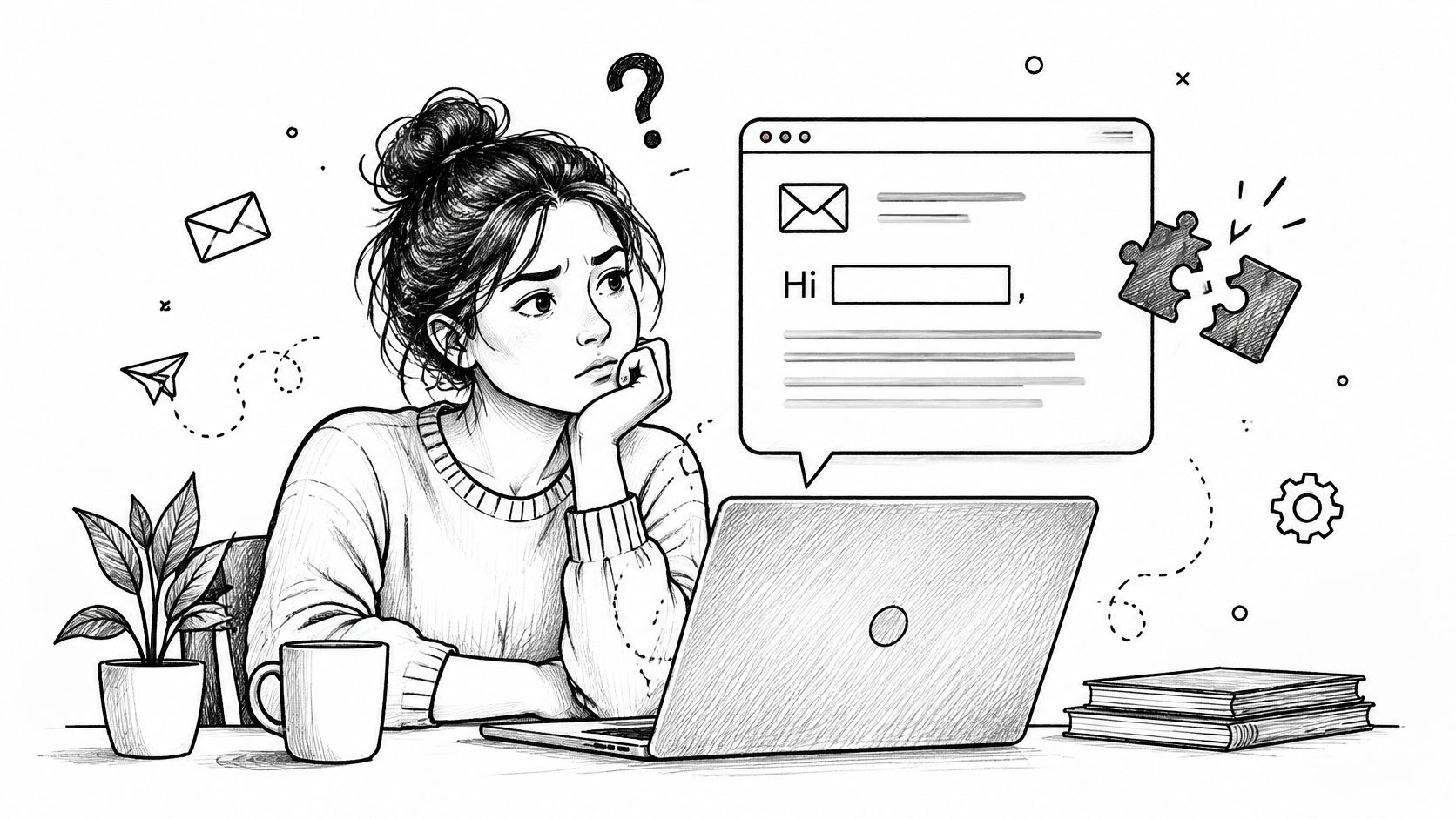 A line art illustration of a woman looking puzzled at a draft email on her laptop screen.
