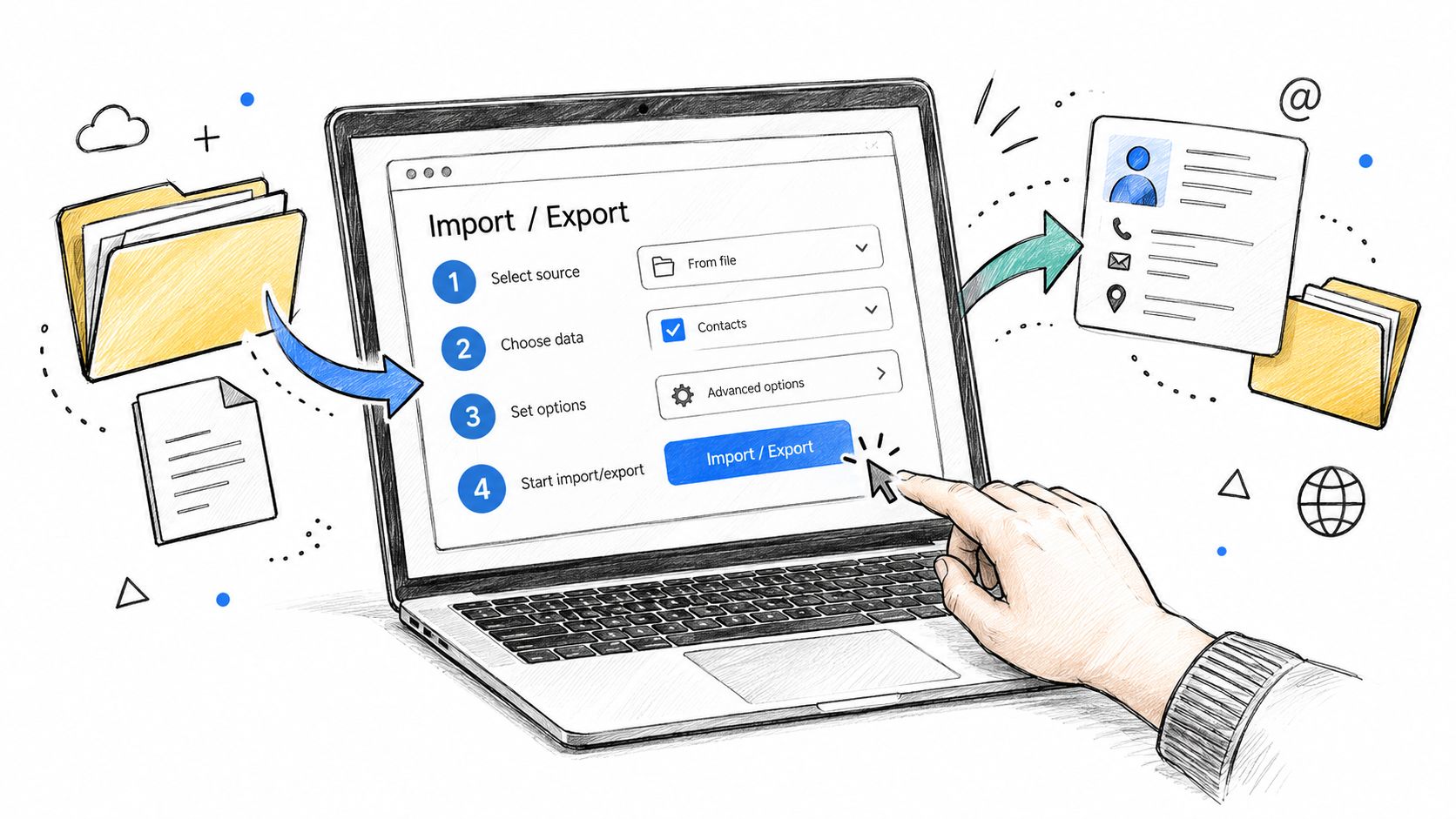 A hand clicking the Import or Export button on a laptop screen to transfer digital contact files.
