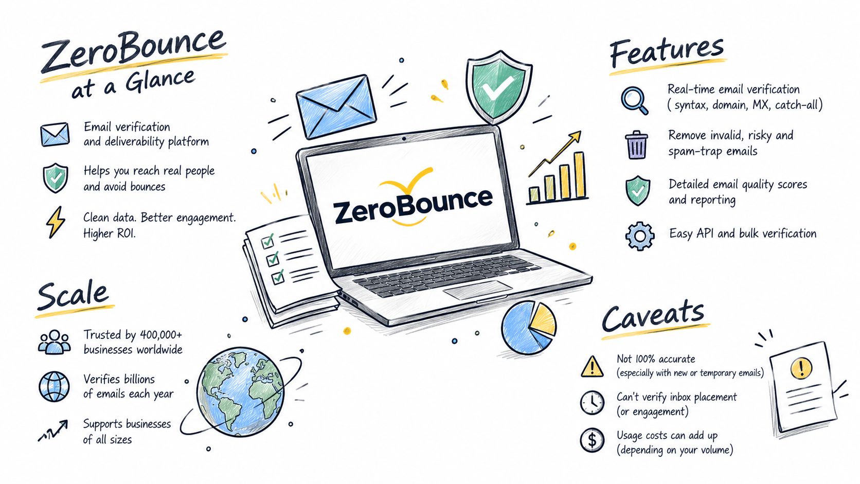 A colorful infographic illustrating ZeroBounce email validation services, features, scale, and potential limitations for marketers.