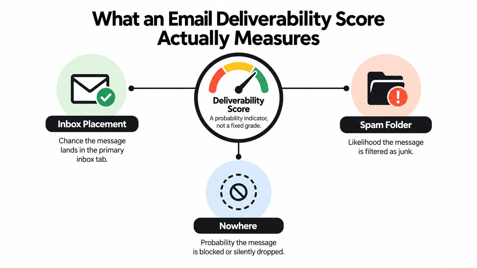 A diagram illustrating what email deliverability score measures, including inbox placement, spam folder, and messages delivered nowhere.